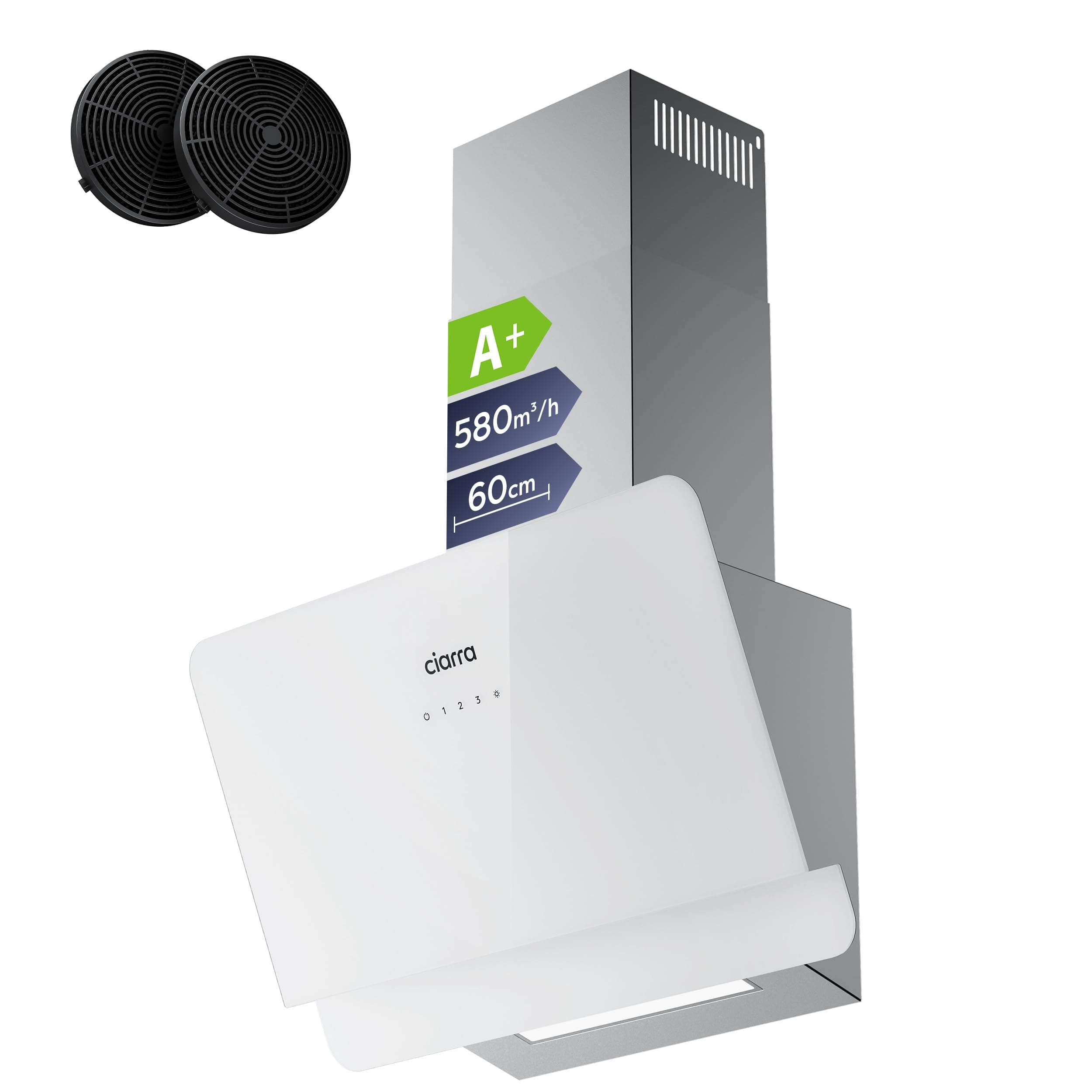 Ciarra CBCS6765C Clase A+ Campana Extractora 60 cm 580 m³/h - 3 Velocidades - Modo Reciclaje o Evacuación - Filtro de Carbón CBCF055 Incluido - Control Táctil - Panel de Cristal