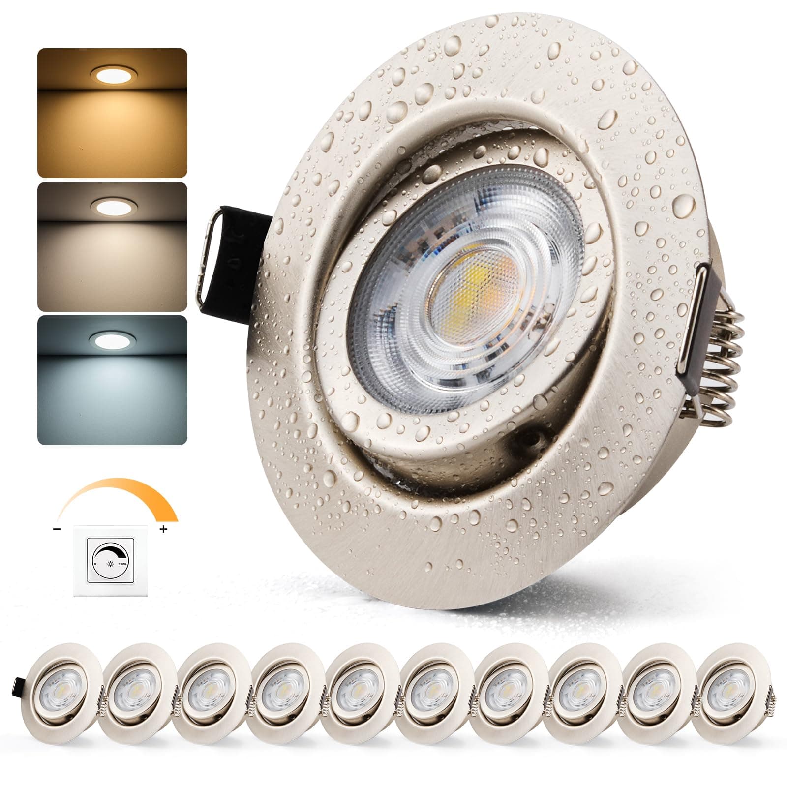 Bojim Spot LED Encastrable Dimmable avec Finition Nickel, IP44 Salle de Bain, Trou 68mm - 80mm, 7W en Blanc Chaud/Neutre/Froid, Spot Encastré pour Chambre Cuisine, Lot de 10