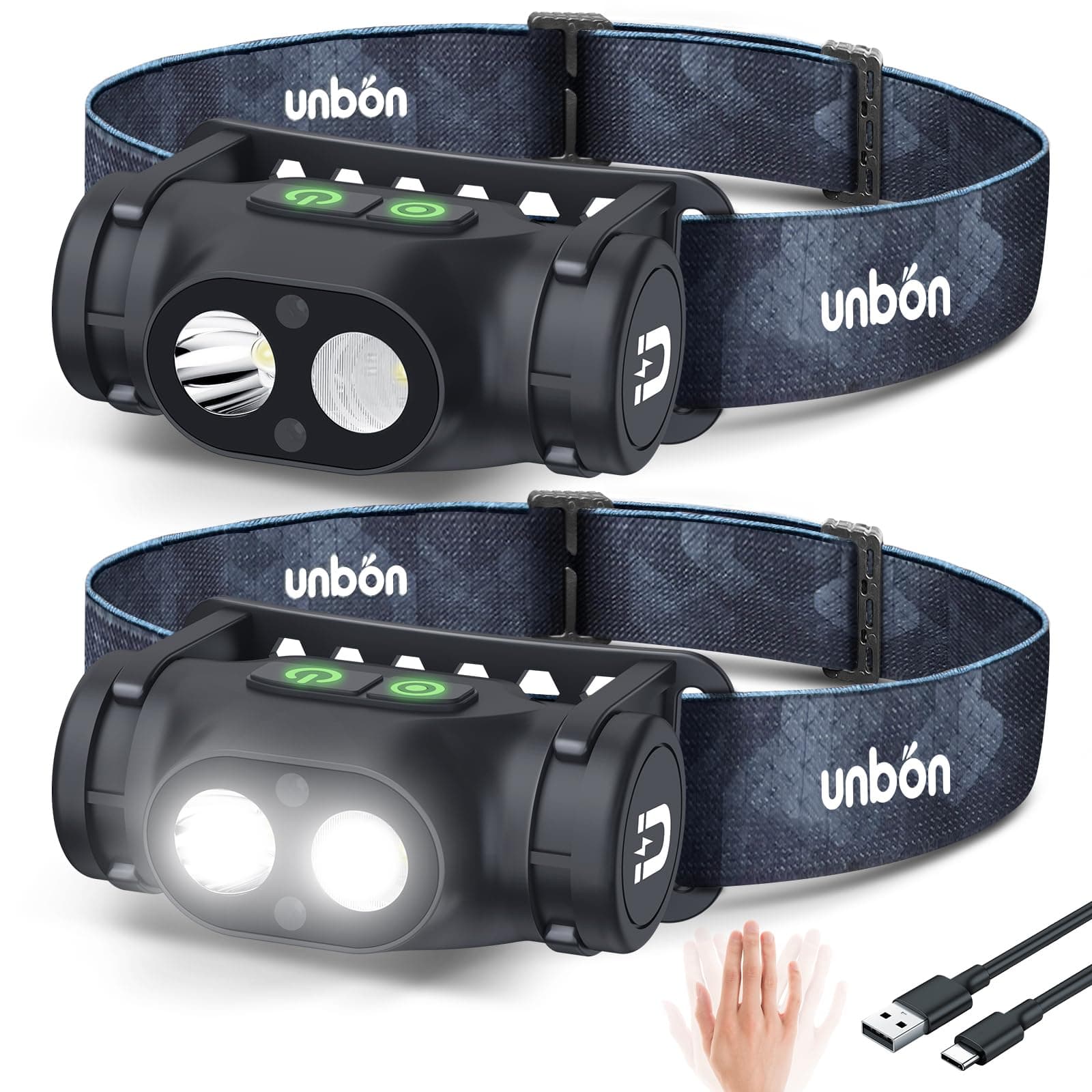 UNBON Torcia Frontale LED Ricaricabile, 2 Pezzi Lampada Frontale LED Ricaricabile USB C Potente con 3 Modalità, Sensore di Movimento e Base Magnetica, IPX4 Impermeabile Torcia da Testa, Luce da Testa