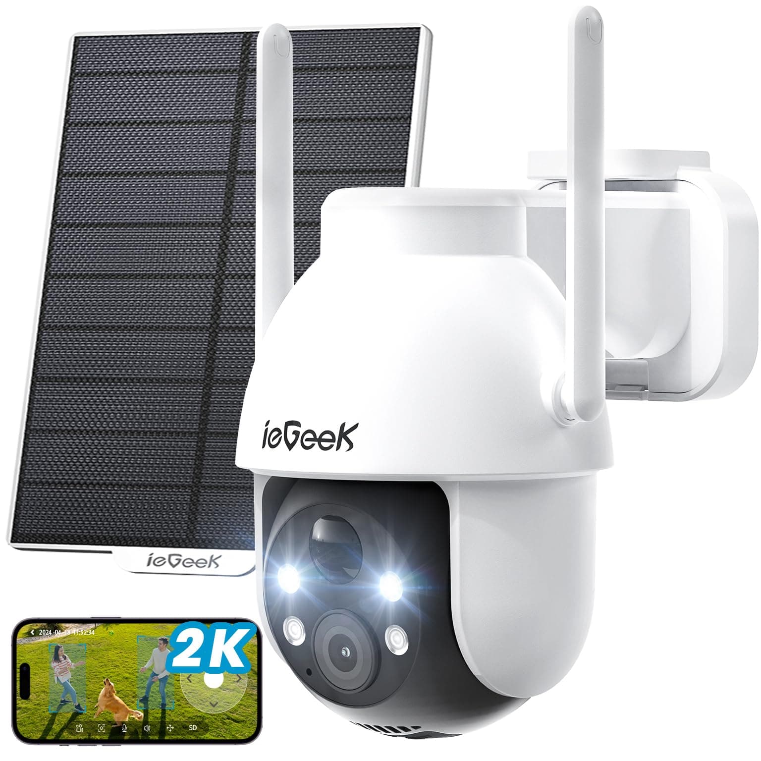 ieGeek 2K Camera Surveillance WiFi Exterieure sans Fil - 3MP 360° PTZ Camera Solaire, 15M Nocturne Couleur, PIR/AI Détection, Audio Bidirectionnel, Alexa, WiFi6, Stockage Cloud, IP66