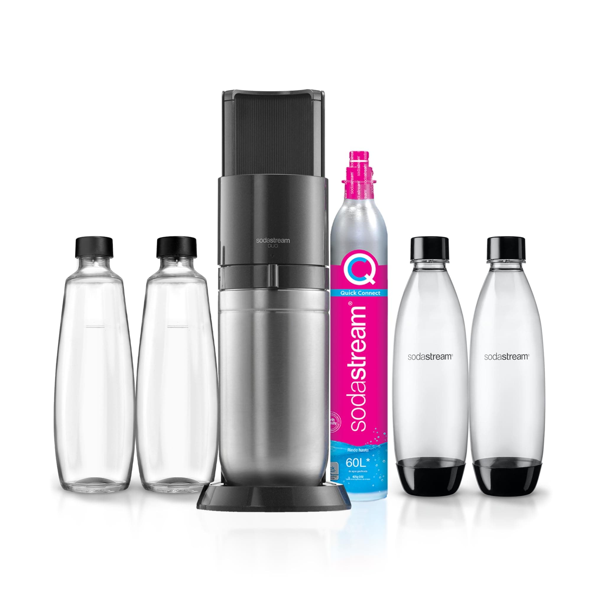 El gasificador de agua Duo incluye un cilindro de gas para preparar hasta 60L de agua con gas,2 botellas de plástico de 1L y 2 botellas de cristal de 1L;reduce residuos de plástico;color negro