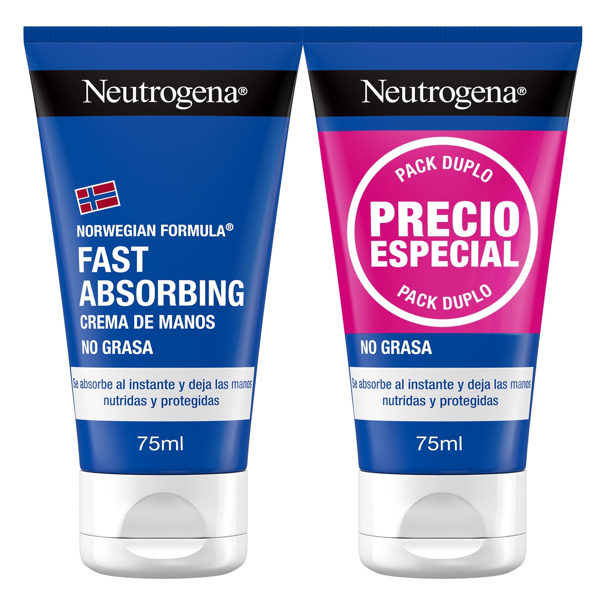 Neutrogena Fórmula Noruega Fast Absorbing Crema de manos No Grasa (pack de 2 x 75 ml), crema manos reparadora con glicerina y vitamina E, para manos secas y agrietadas