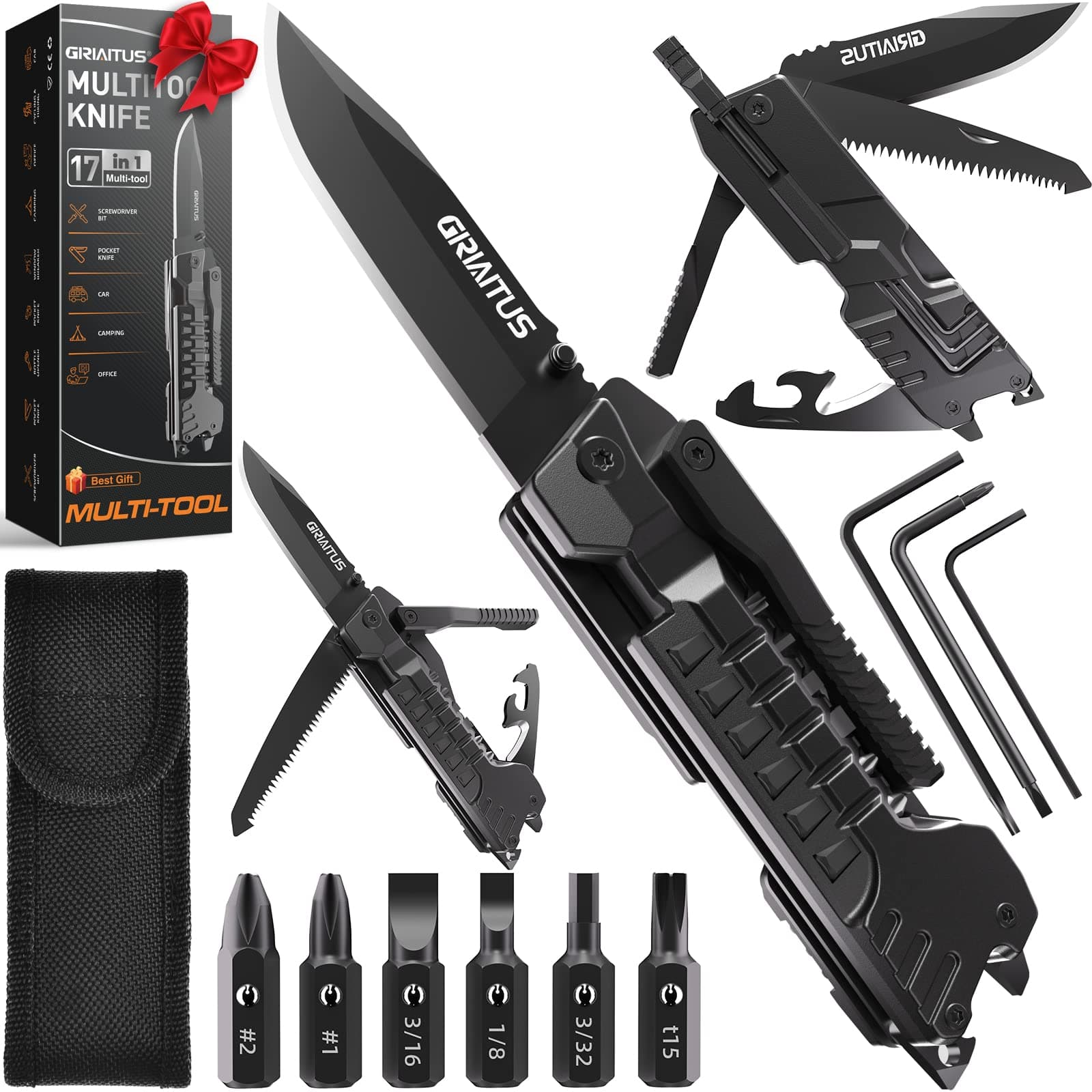 Navaja Multiusos 17en1 Herramientas Multiusos Cuchillo con Palillos para Encender Fuego, Abrelatas, Sierra, Silbato, Regalos para Hombres Mujer Papa
