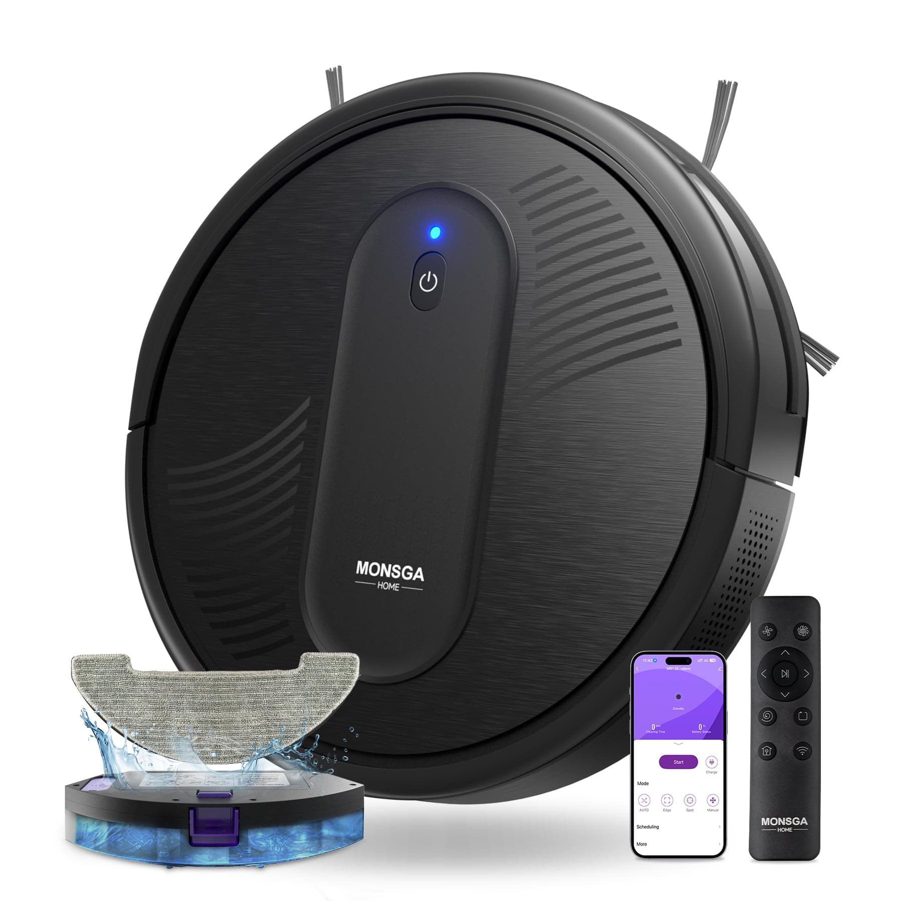 MONSGA Robot Aspirapolvere Lavapavimenti 3-in-1 4000Pa, Autonomia 140min, Anti-groviglio, Ricarica Automatica, Controllo App/Telecomando/Alexa, Silenzioso, Per Peli Animali, Pavimenti e Tappeti