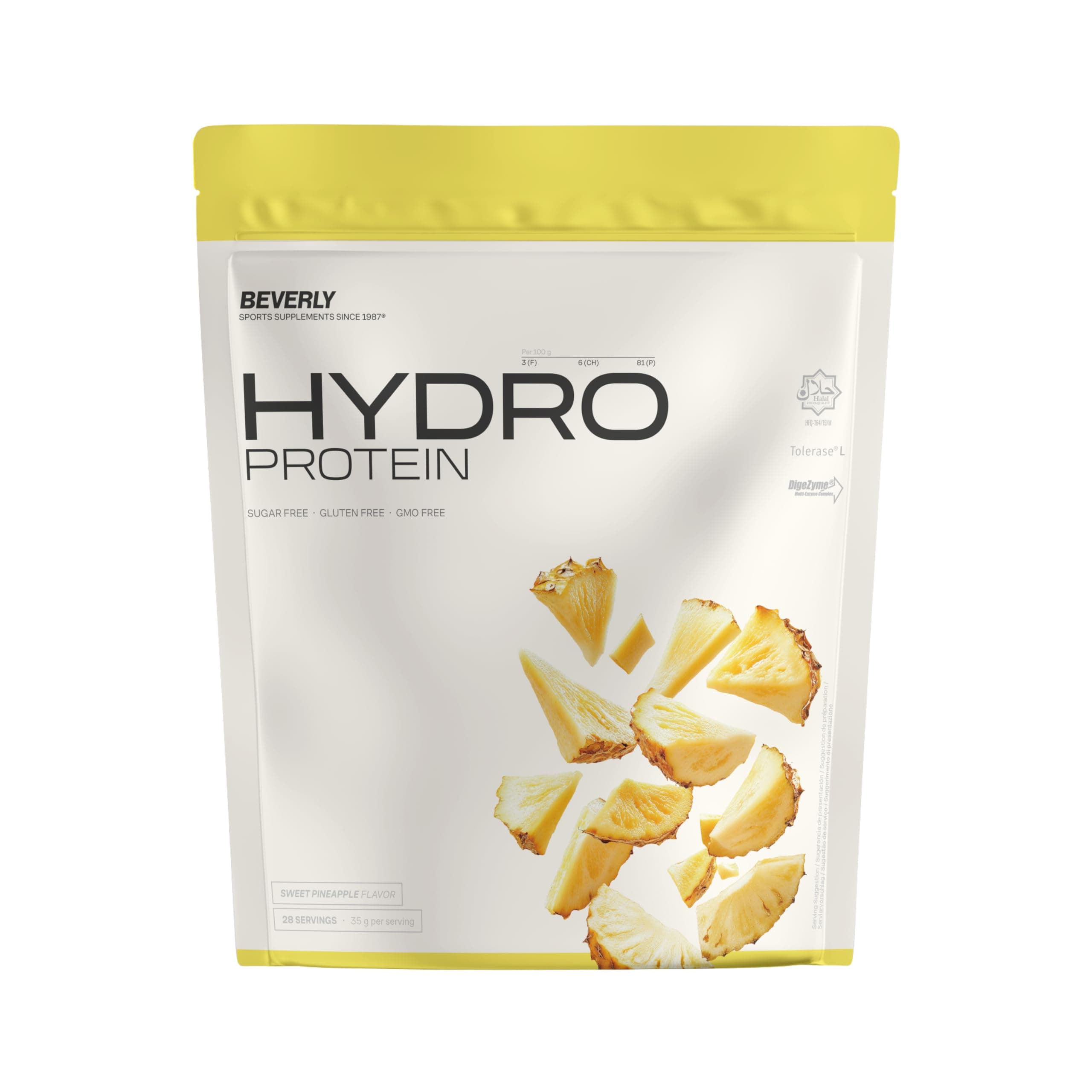 Beverly HYDRO PROTEIN – Proteína Hidrolizada de Suero con DigeZyme® y Tolerase® | 29 g Proteína por Ración | 1 kg (28 Servicios) | Alta Digestibilidad (Piña)