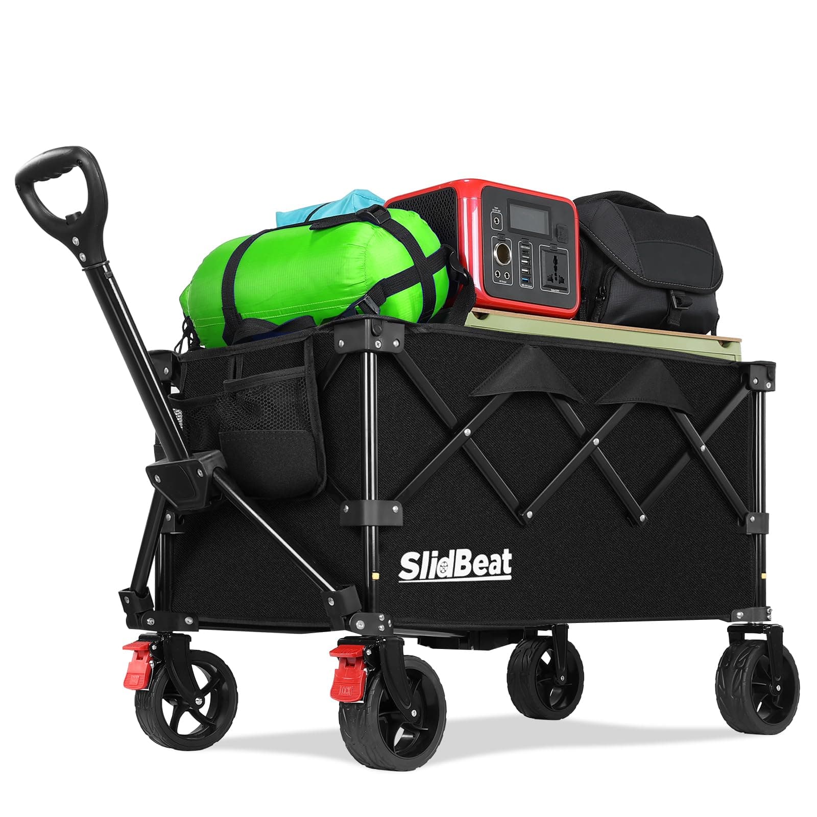 SLIDBEAT Carro de Playa Plegable XL (150L) para Camping, Picnic y Jardín. Carga 150KG, Ruedas Todo Terreno, Doble Freno y Mango Ajustable. Recipiente Interior Extraíble y Lavable a Máquina