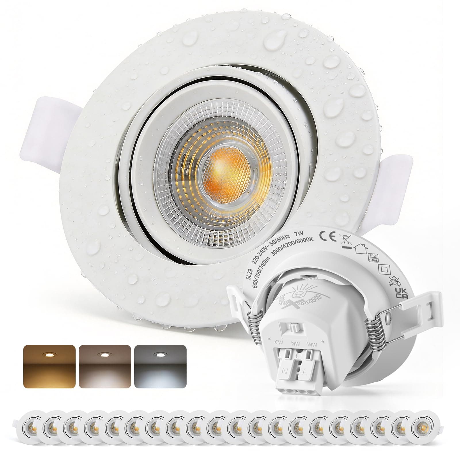 Bojim Spot LED Encastrable IP65 Premium pour Plafond de Salle de Bain, Trou 68mm - 80mm, 7W 700 lumens, Encastré pour Intérieur Cuisine, Chambre, Salon, Couloir, Lot de 20