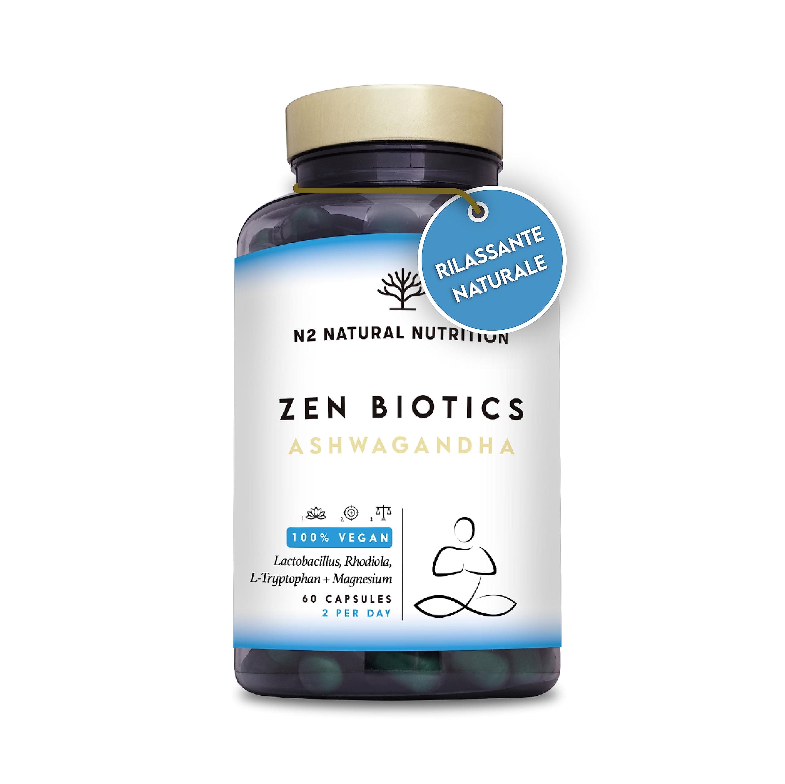 Cortisolo Integratore. Ashwagandha + Magnesio + Probiotici +Triptofano + Rodiola e Tè Verde. 60 capsule. Sonno profondo, Benessere generale, Energia, Concentrazione. Vegano. CE. N2 Natural Nutrition