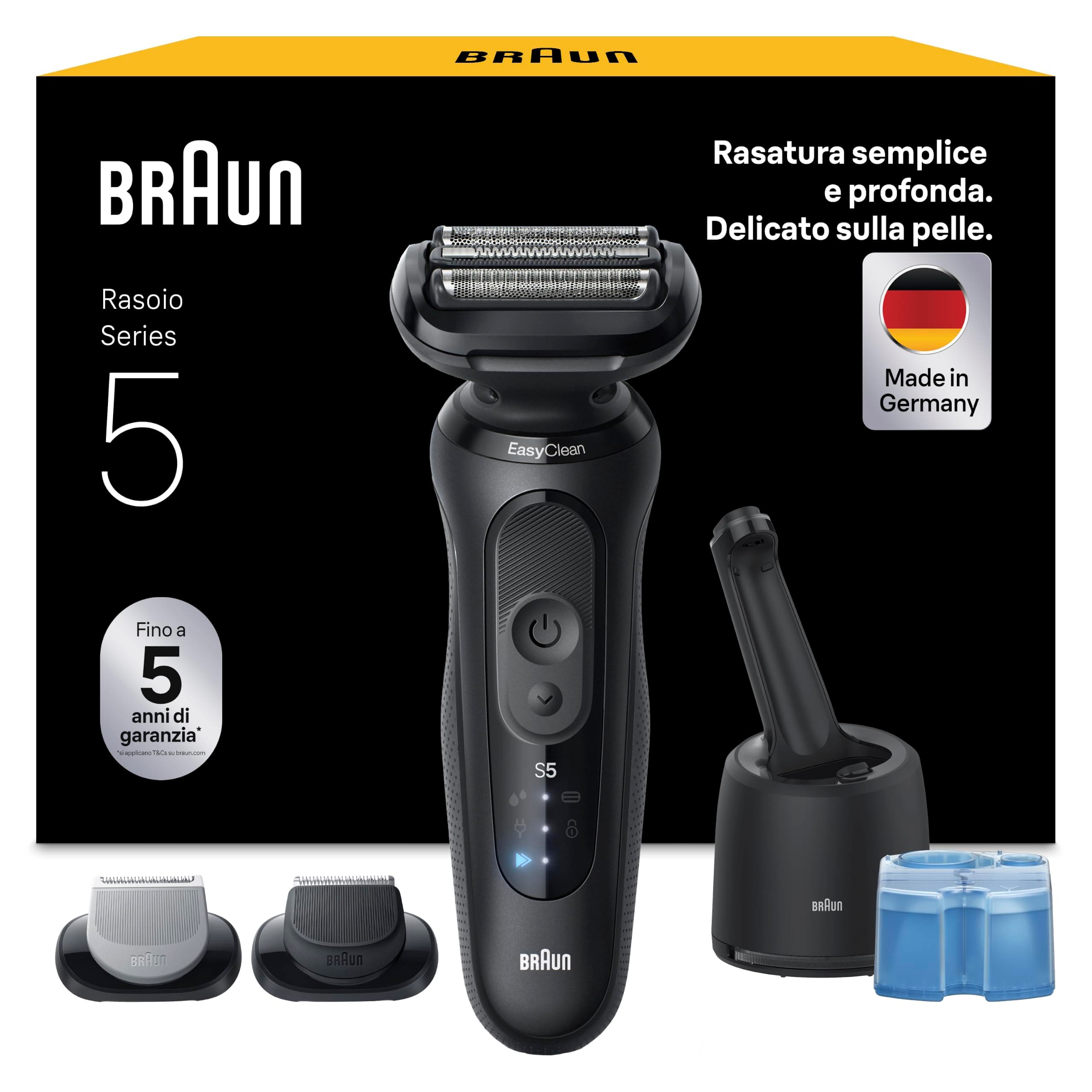 Braun Serie 5 Rasoio Elettrico Barba, Wet&Dry, Regolabarba Uomo, Rasoio Barba, 50 Min Di Utilizzo, Stazione SmartCare 4in1, +2 Accessori, Senza Fili, 100% Impermeabile, 52-N7650CC, Nero