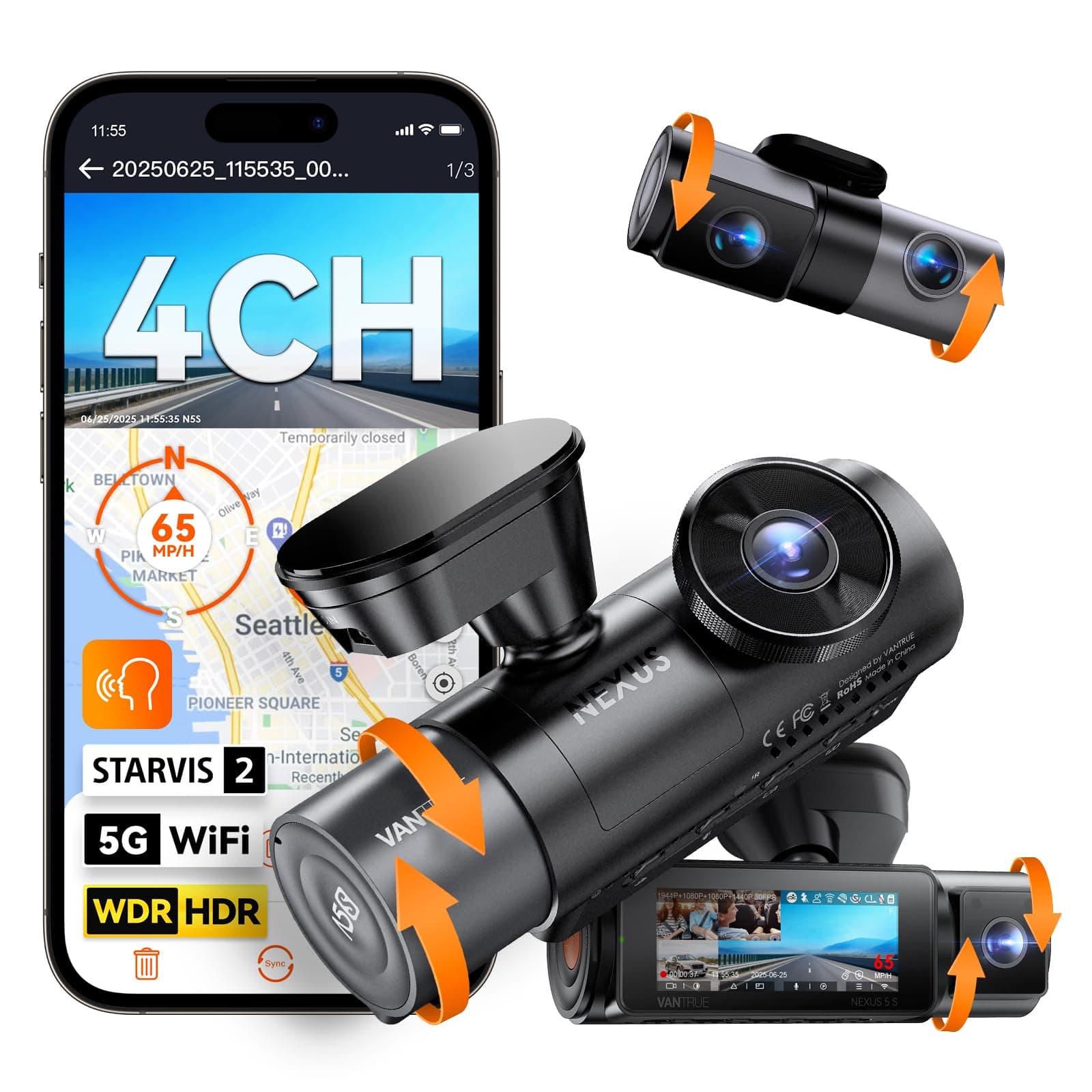 VANTRUE N5S Dashcam Voiture 4-Canaux 2.7K+2x1080P+1440P Avant Int Arrière | STARVIS 2, Vue 360°, 5GHz WiFi GPS, Mode Parking 24h, Pré-enregistrement 15s, Commande Vocale Français, G-sensor, Max 1To