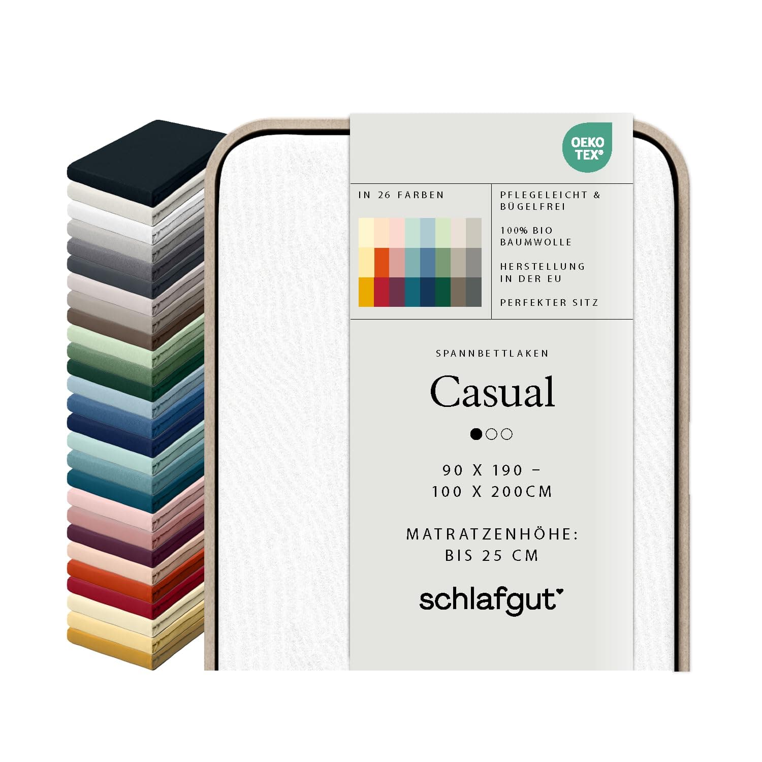 schlafgut Casual Spannbettlaken 100% Bio Baumwolle Made in Greem by Oeko TEX (90x190cm bis 100x200cm Matratzenhöhe bis 25cm, Full-White)