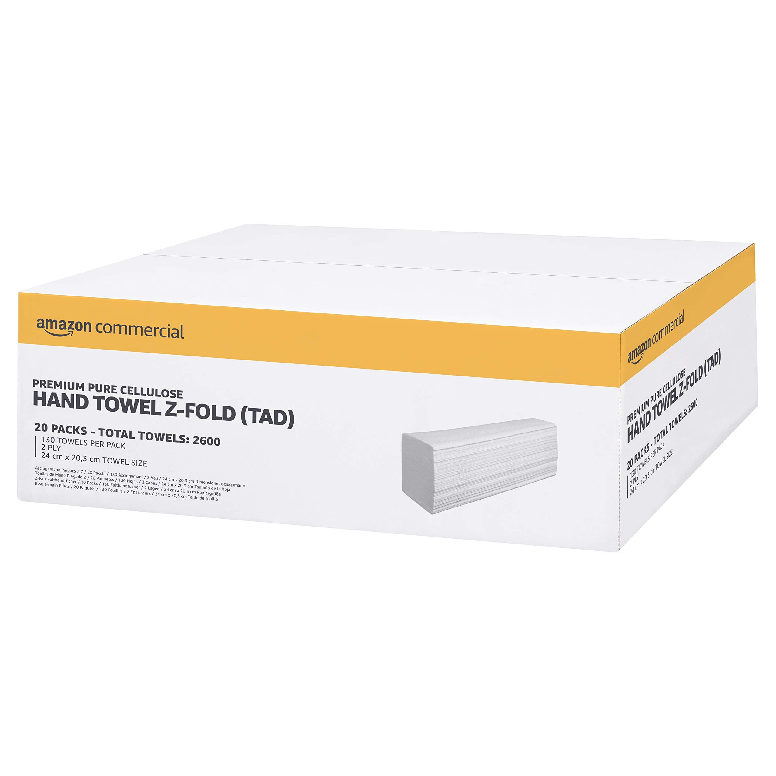 AmazonCommercial Asciugamani di Carta Piegati a Z, 2 Veli Premium (TAD), 2600 Fogli (20 confezioni di 130), Dimensione del Foglio: 24 x 20,3 cm, Compatibile con Dispenser H2