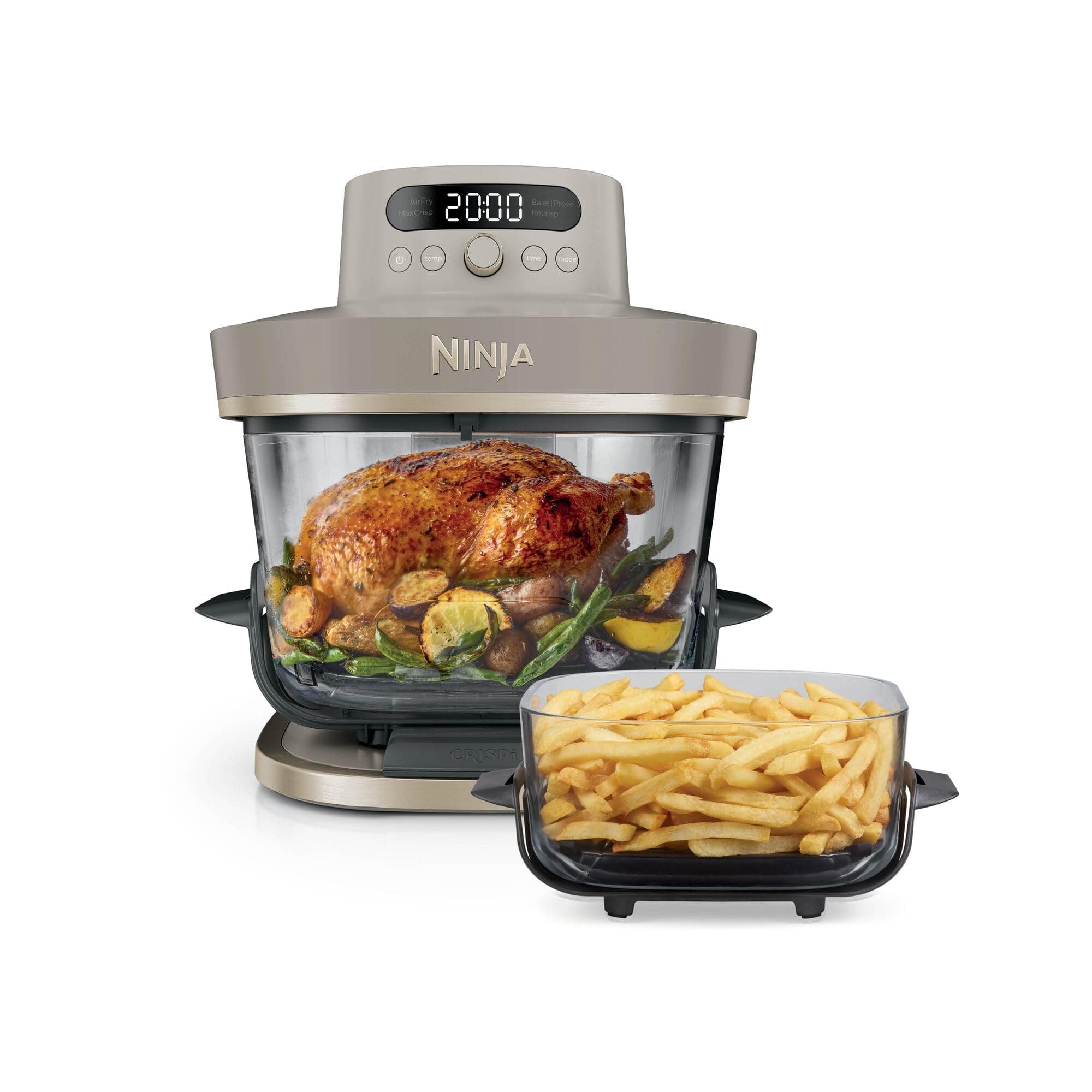 Ninja CRISPi PRO XL, Friteuse sans huile en verre, 5 modes de cuisson prédéfinis, avec contenants en verre CleanCrisp de 5,7 l et 2,3 l, couvercles de rangement, Stone/Or AS090EUSD