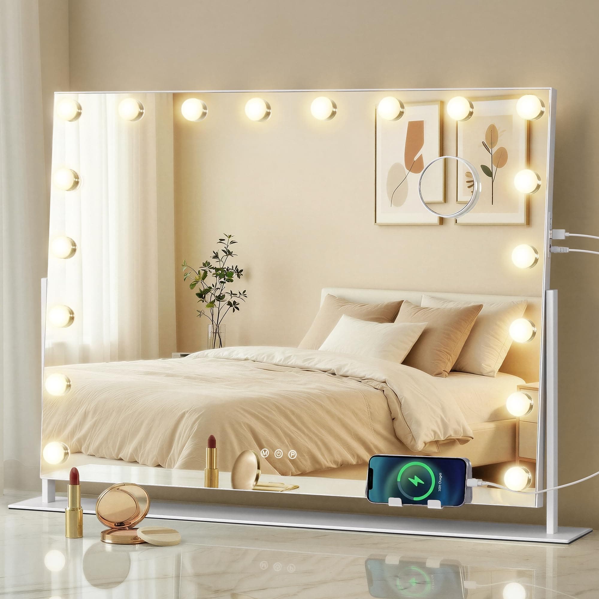 SONGMICS Specchio da Trucco con Luci, Controllo Touch, 18 LED Dimmerabili, Porte di Ricarica, 3 Temperature Colore, Supporto Telefono, 80 x 60 cm, Bianco Opaco LWM003WC02