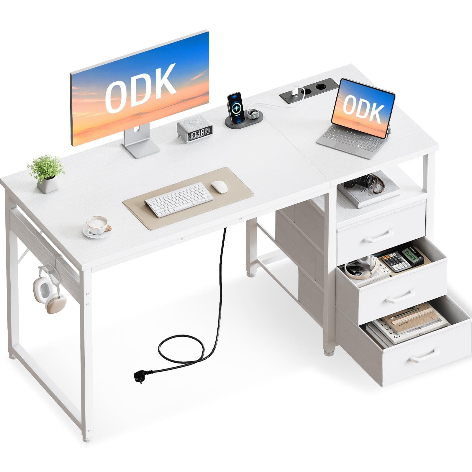 ODK Escritorio con 3 Cajones de Tela, 100x48cm Mesa de Ordenador con Estantes Escritorio Oficina con Puerto y Toma de Carga USB para Oficina, Salón, Hogar, Blanco