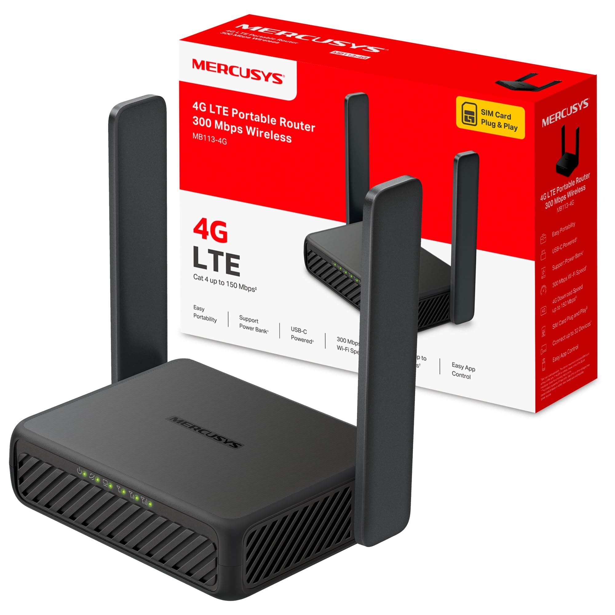 MERCUSYS MB113‑4G - Router 4G LTE Portátil, Wi‑Fi N‑300 hasta 32 Dispositivos, SIM Nano Plug & Play, USB‑C Powerbank y VPN