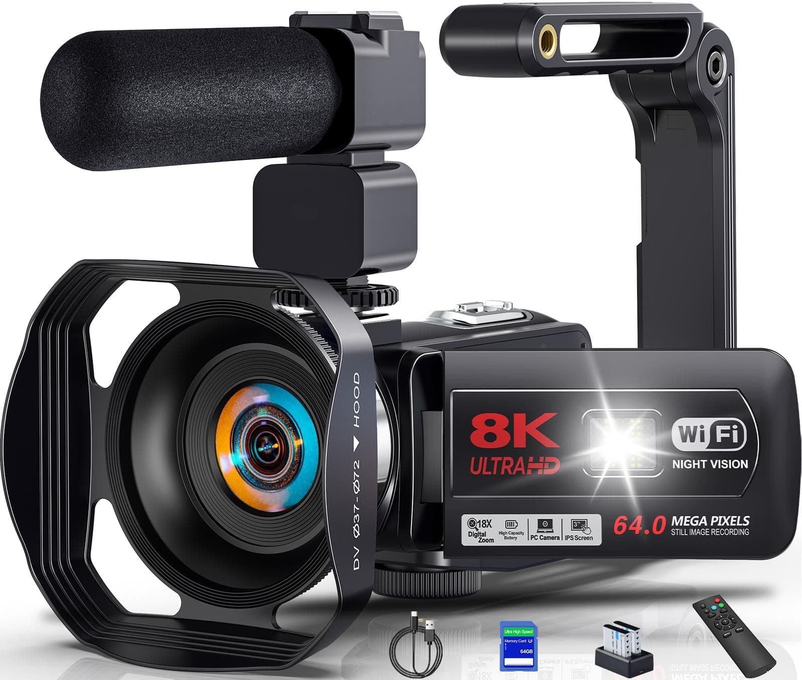 Caméscope Caméra Vidéo 8K 64MP HD WiFi Vision Nocturne IR Vlogging Caméra | Video Camera pour YouTube/Webcam, Écran Tactile 3",Zoom Numérique 18X,2 Piles,Carte SD 64 Go,Mic,Stabilisateur,Télécommande