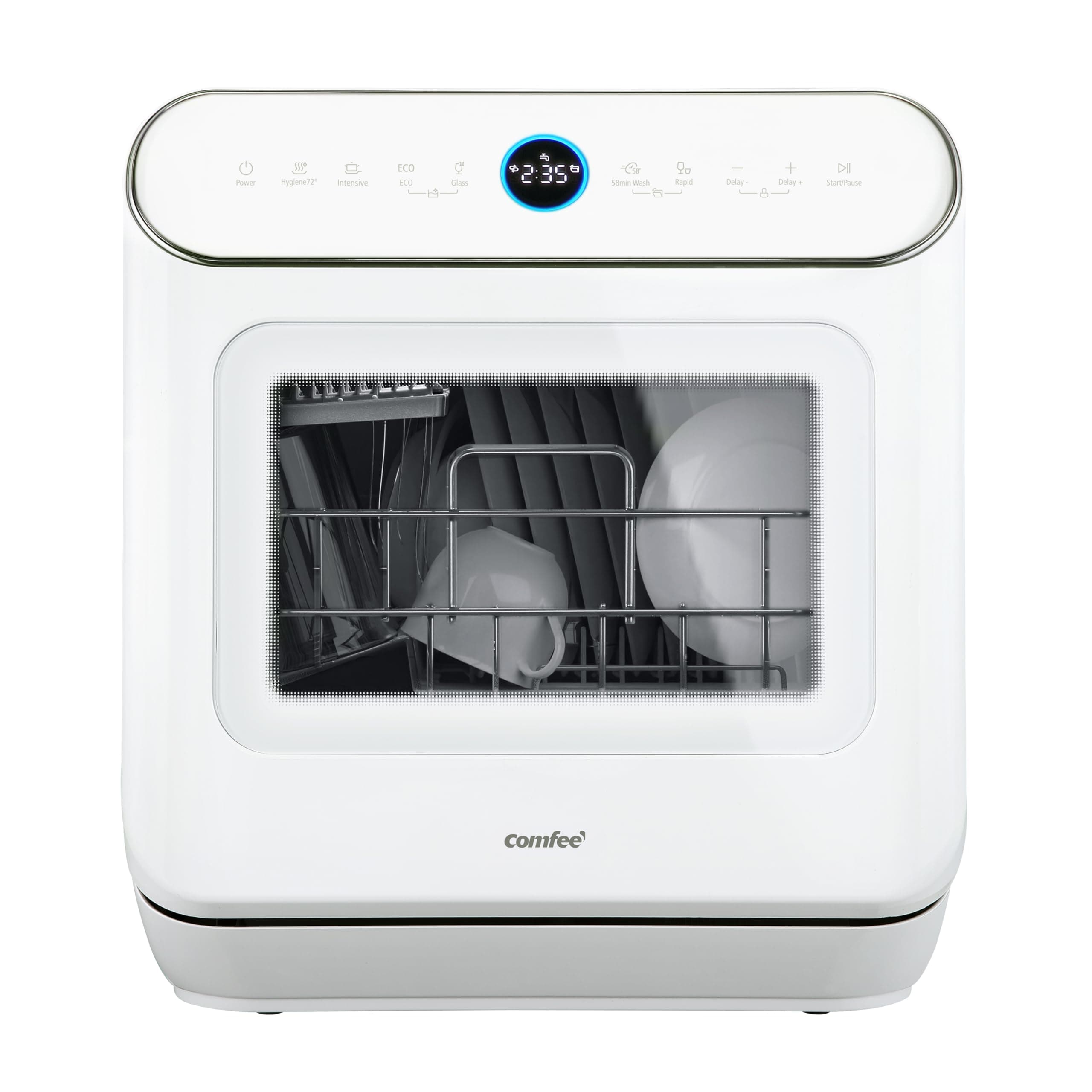 COMFEE' CDWMT305WD Mini Lavavajillas de Sobremesa Compacto con 3 Cubierto, 7 Programas, Control Táctil, Pantalla LED, 72℃ Lavado higiénico, 24h Inicio Diferido y Apertura Automática de Puertas, Blanco