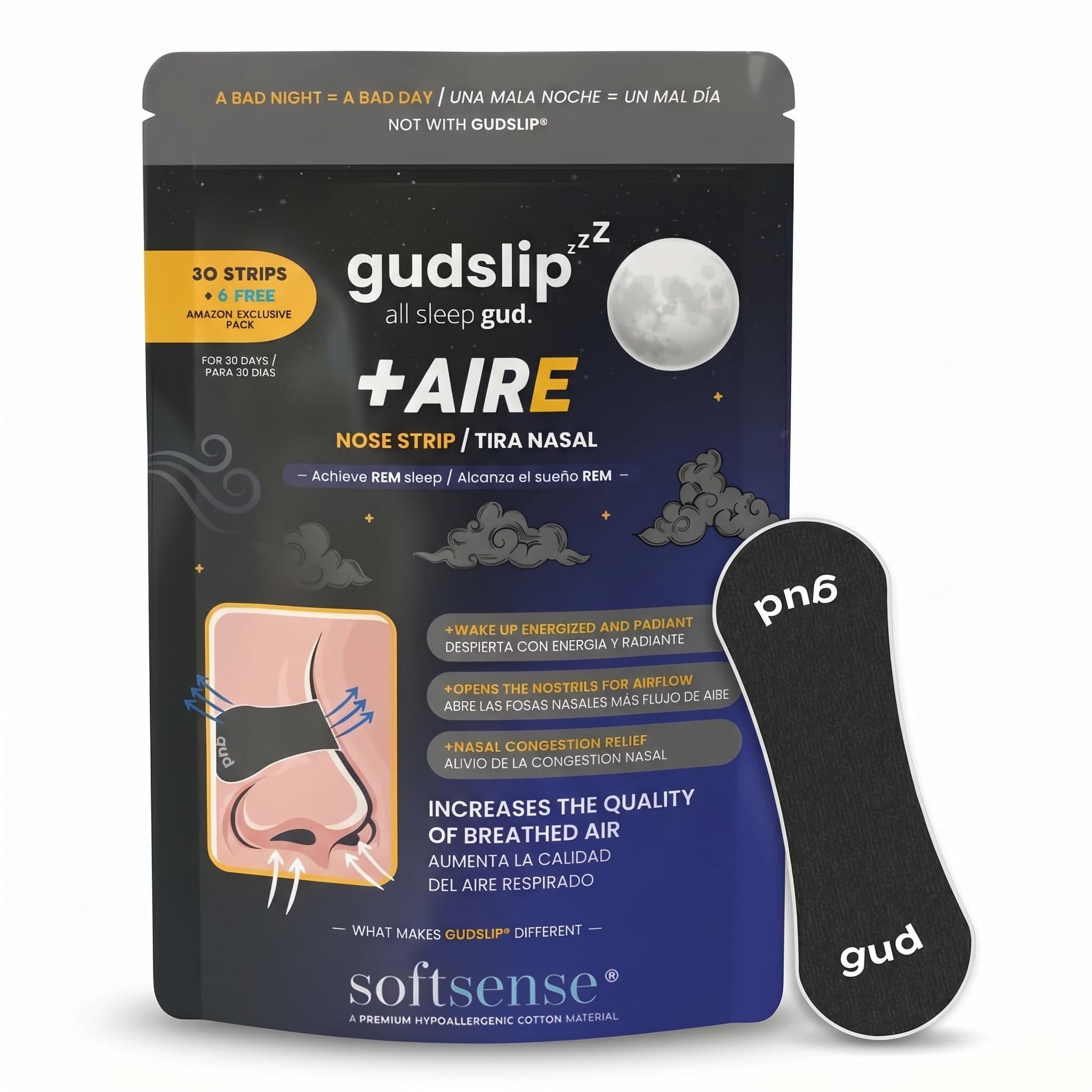 GudSlip® Tiras Nasales para Dormir Antirronquidos (30+6) - Respira Mejor, Reduce Ronquidos y Mejora tu Sueño - Ultra Cómodas, Hipoalergénicas y de Alta Adherencia