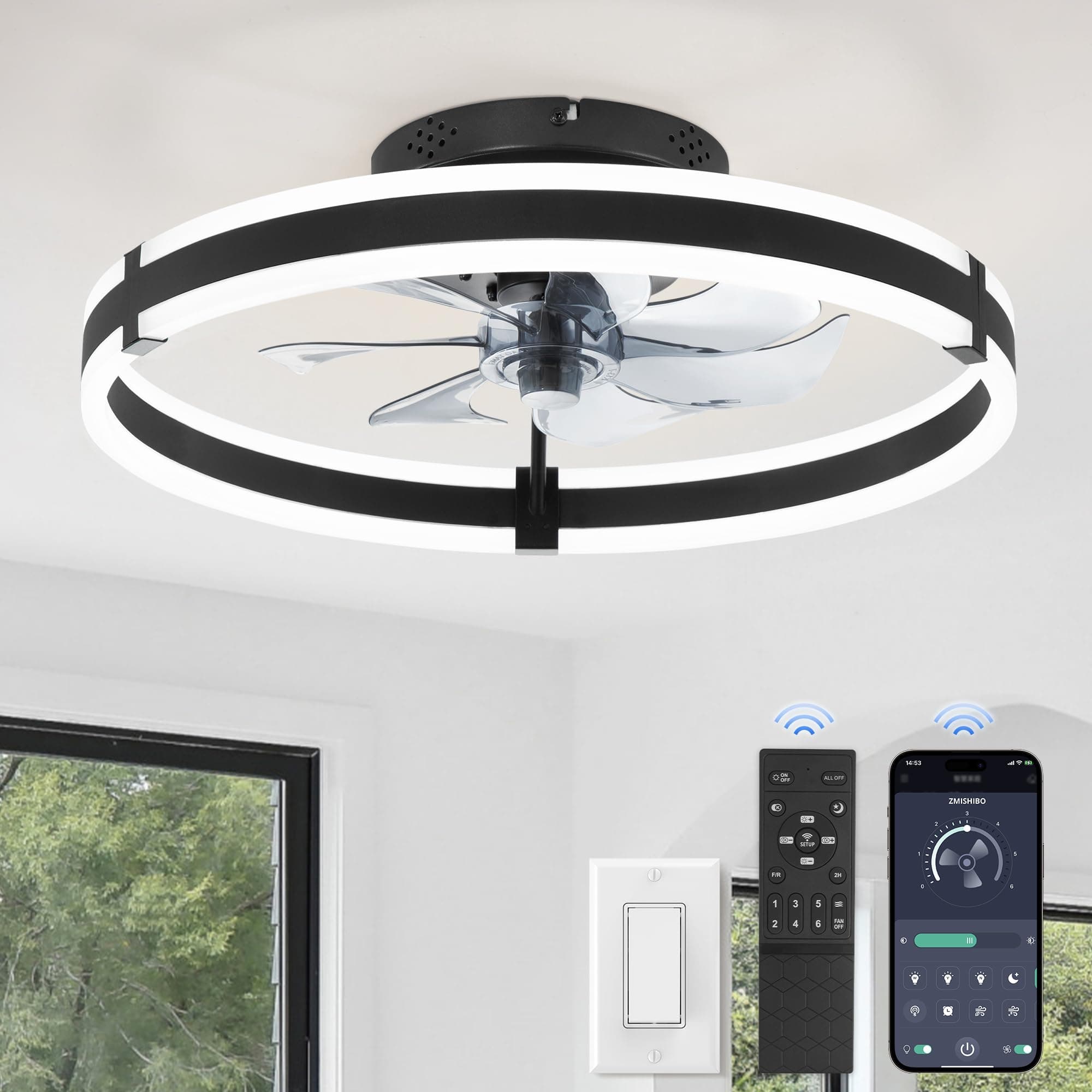 ZMISHIBO Ventilador de Techo con Luz de 50 cm, Control por APP y Mando a Distancia, LED Regulable 3CCT, 6 Velocidades, Temporizador 2H, Función Memoria, Motor Silencioso, Negro para Dormitorio/Salón