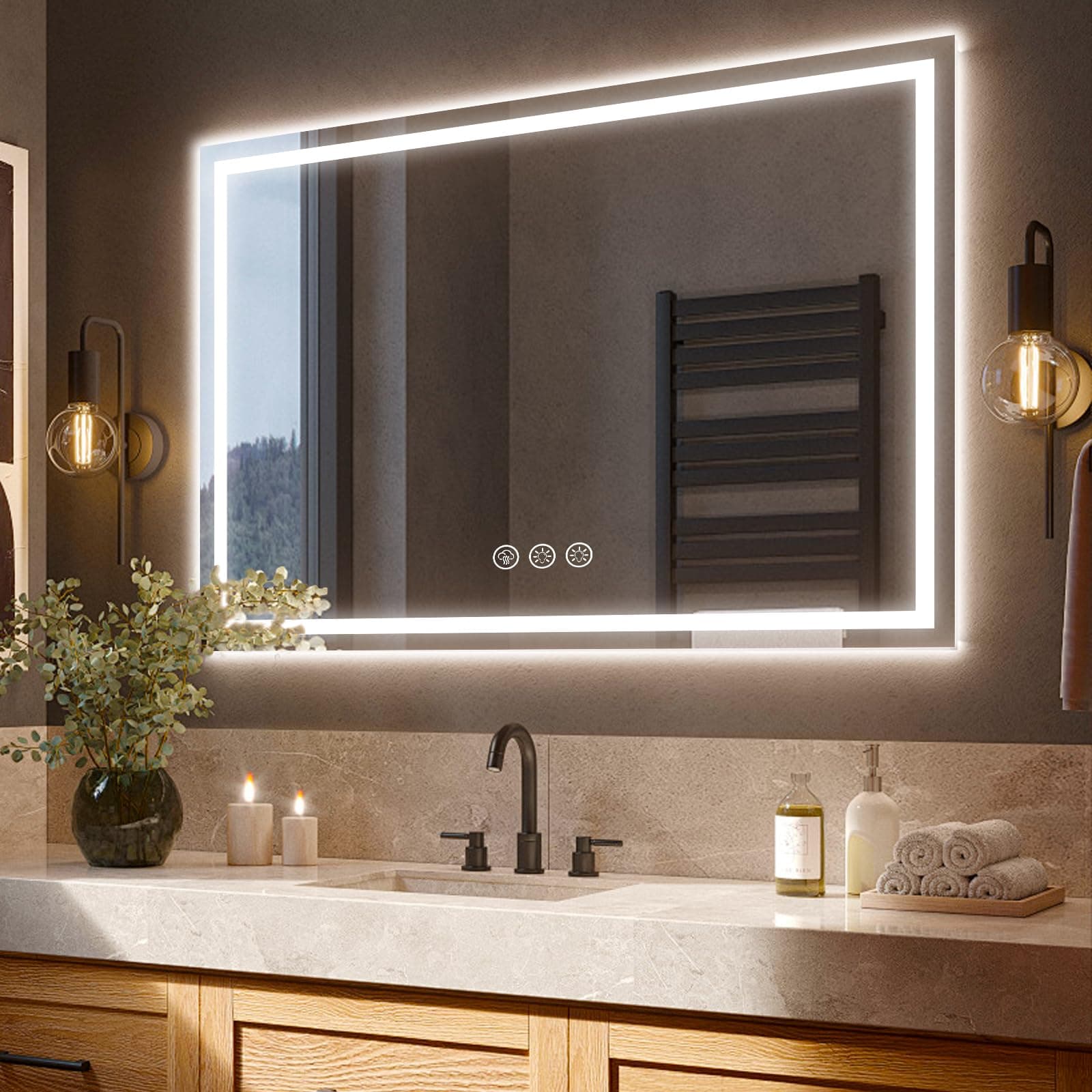 Ratsamee Espejo Baño con Luz 70x100cm, Espejos de Baño con LED con Antivaho, Regulable, 3 Colores Luz, Función Memoria