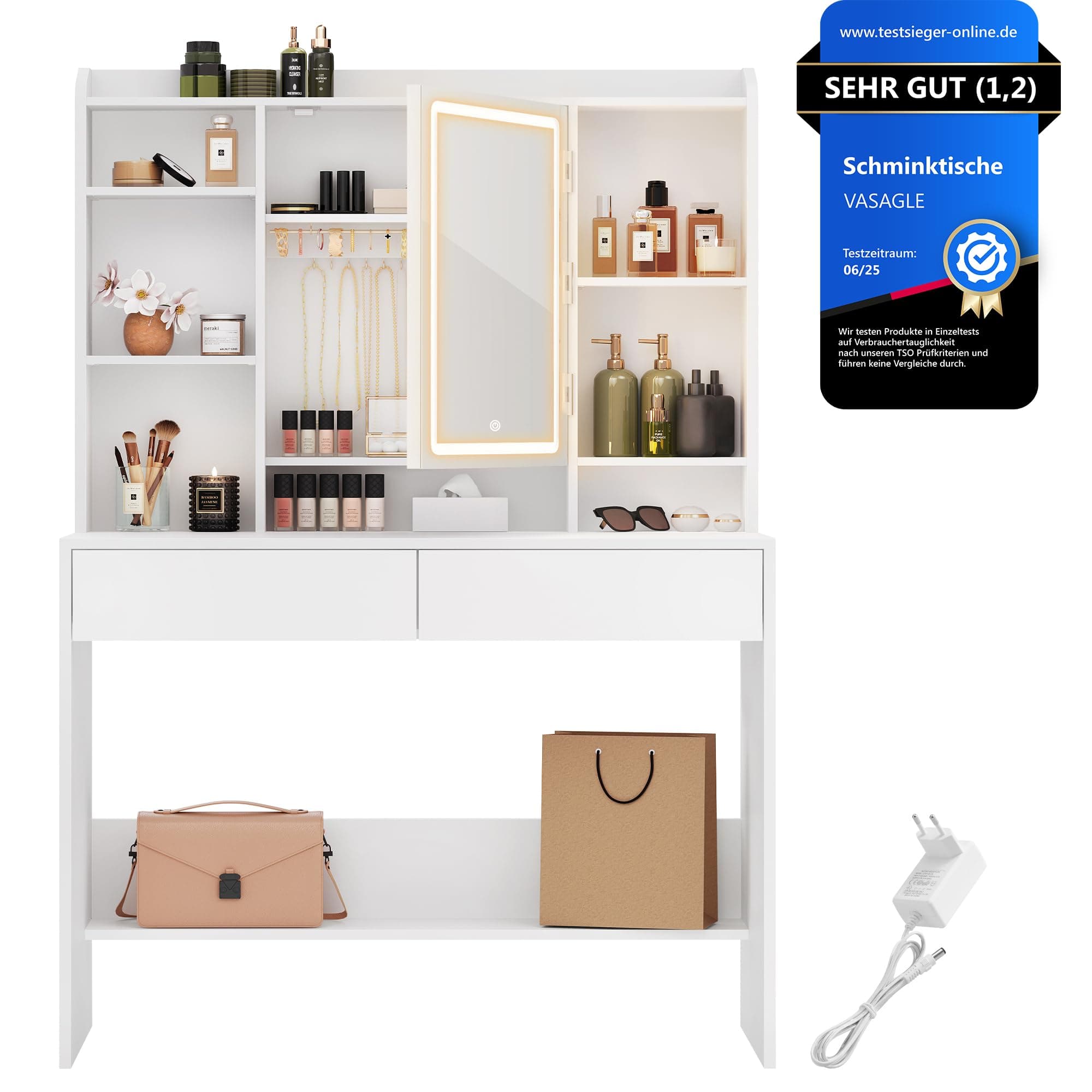 VASAGLE Kailyn Kollektion - Schminktisch mit LED-Beleuchtung, 3 Farben mit Einstellbarer Helligkeit, Frisiertisch mit Spiegel, mit verstellbaren Ablagen, 2 Schubladen, weiß RDT123T14