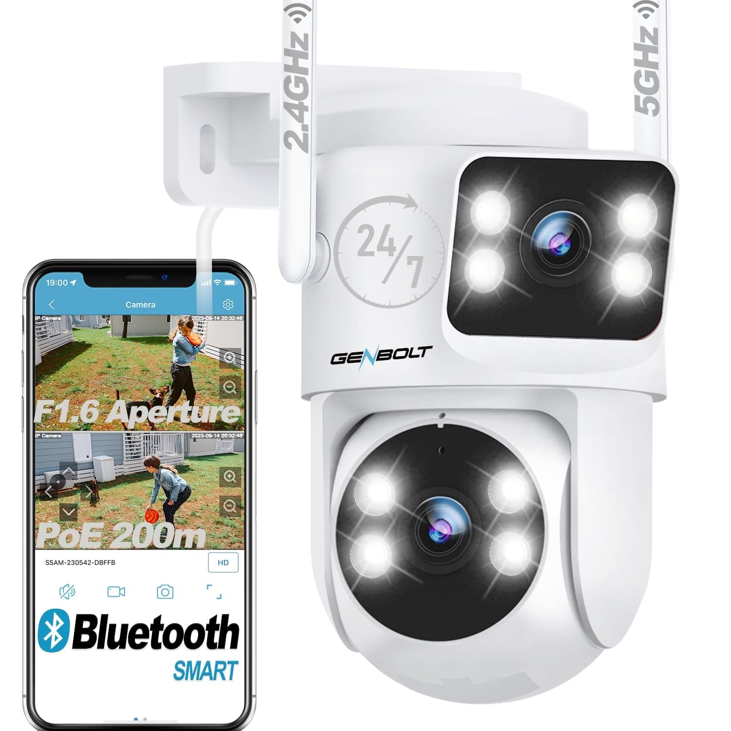 GENBOLT PTZ Caméra Surveillance Extérieur, 2.4/5Ghz WiFi Caméra IP avec Double Objectif & Double Vue, Vision Nocturne Couleur, Détection Humaine,Suivi Auto (DC & PoE)