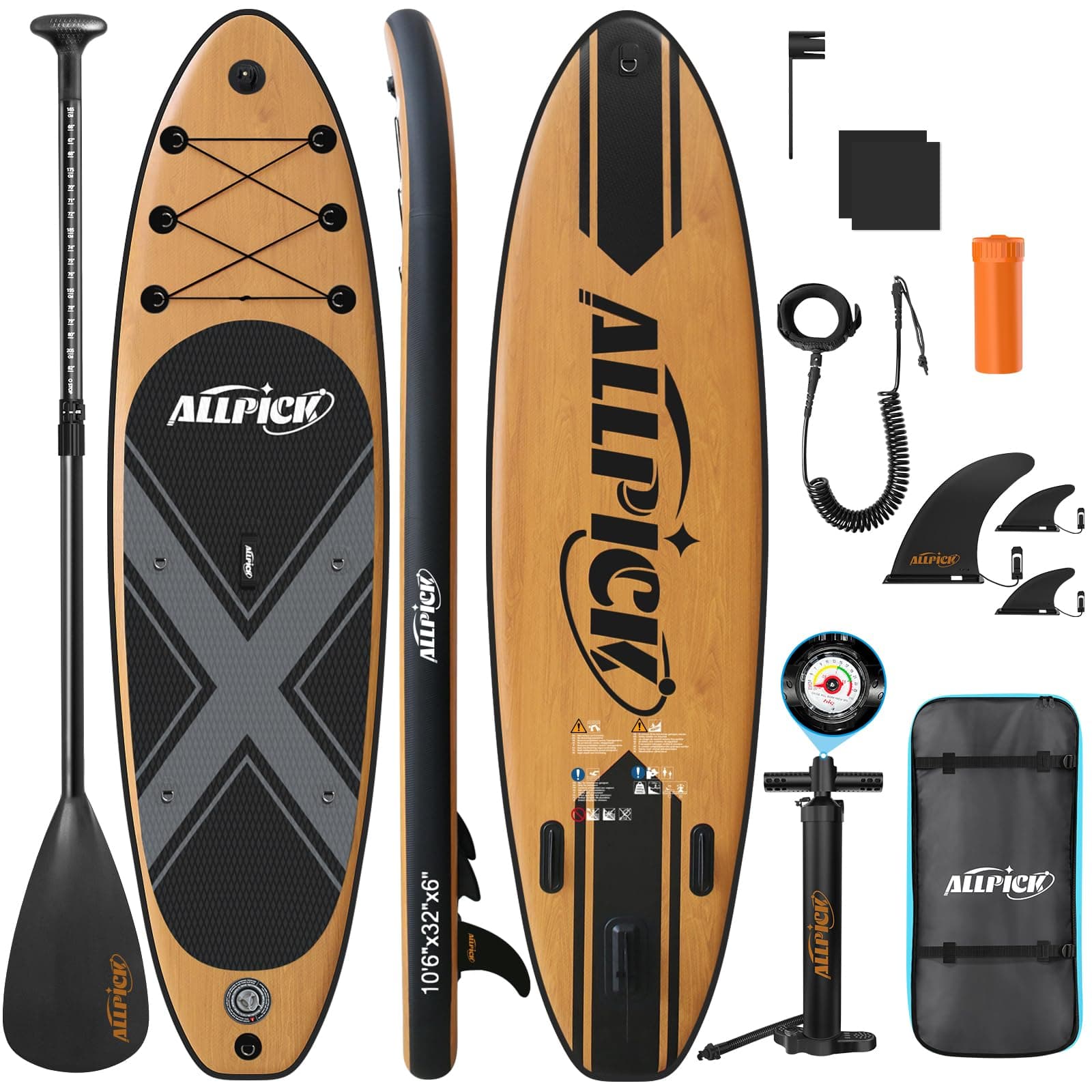 ALLPICK Premium SUP Board Set, Stand Up Paddling Board Aufblasbar, Mit Universal Kamerahalterung, Komplettes Zubehör, Verstellbares Paddel, Anfänger, Fortgeschrittene, 200kg