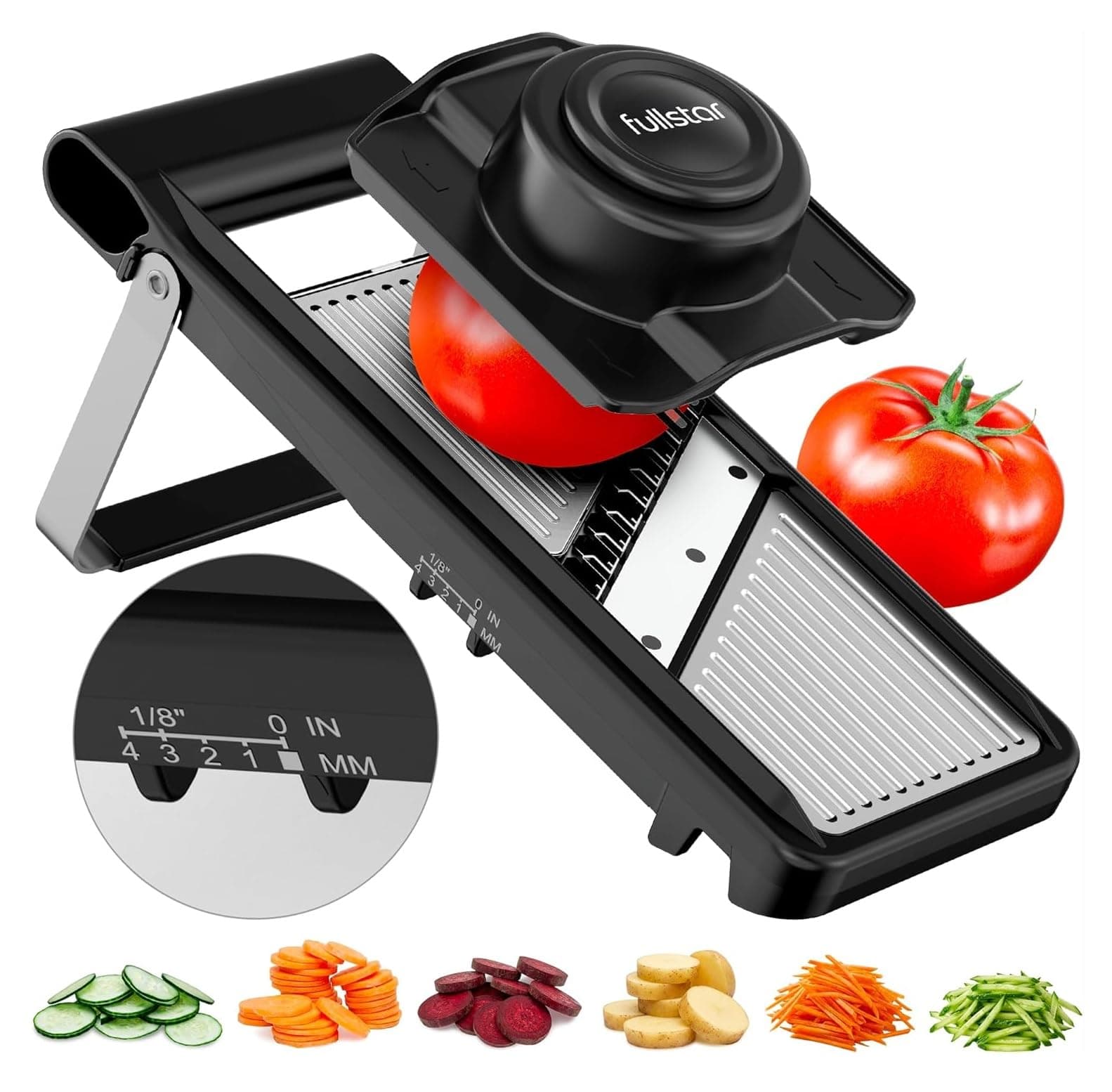 Fullstar Stainless Steel - Mandolina per Verdure Professionale 2 in 1 | Spessore Regolabile 1-4 mm, Salvadita - Mandolina Inox con Affettatrice Julienne per Frutta e Verdure (2 in 1, Inox Nero)