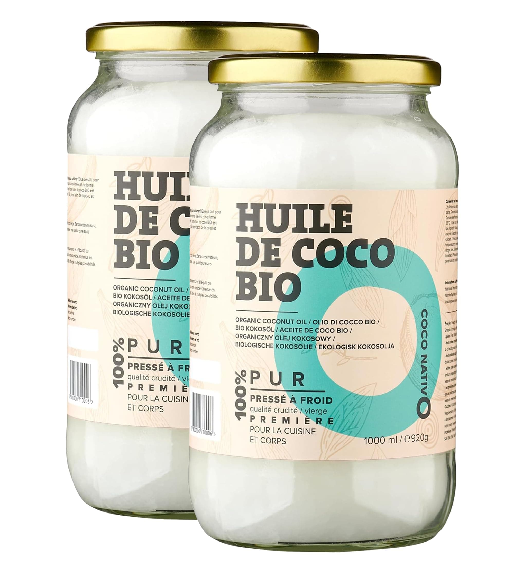 Huile de coco Bio CocoNativo 2x1000ml (2L) - Huile Coco - Coconut Oil - Extra Vierge et non Raffinée, Pure et 100% Bio - Idéale Pour Les Cheveux, Le Corps et Comme Aliment