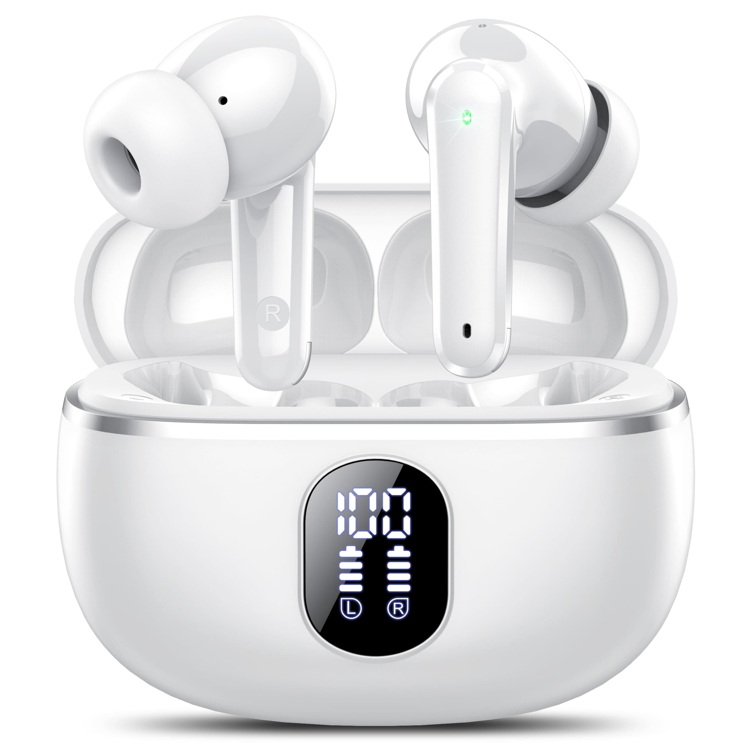 Auriculares Inalámbricos Bluetooth, Auriculares Bluetooth 5.4, 4 HD Mic con Reducción de Ruido ENC, 50H con HiFi Graves, Cascos Inalambricos Bluetooth Deportivos IP7 Impermeable, Ajuste Cómodo Blanco