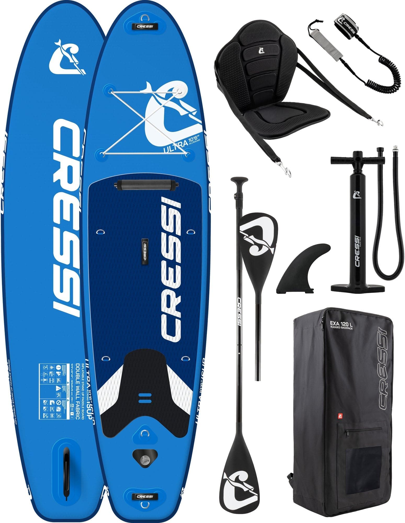 CRESSI dal 1946 - Ultra Isup/Kayak Set - Tavola Sup Gonfiabile Adulti Grande Stabilità e Resistenza Completa di Accessori Pagaia Pinna Pompa Laccio Borsa Zaino - 320x81x8 cm Max 130 kg