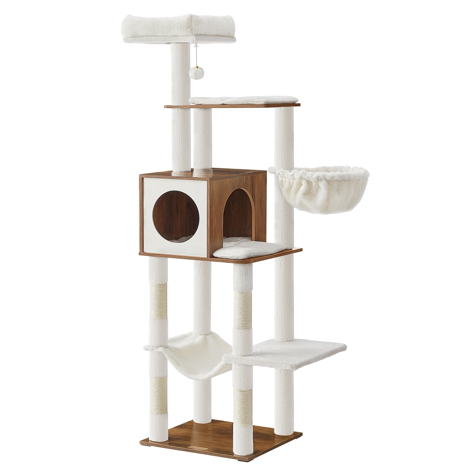 Feandrea Grand Arbre à Chat, 165 cm, Tour de Jeux pour Chats, Multi-Niveaux, avec Grotte, Plateforme de Repos, Hamac, Balle en Peluche, Poteaux à Griffer, Marron Miel PCT118K03