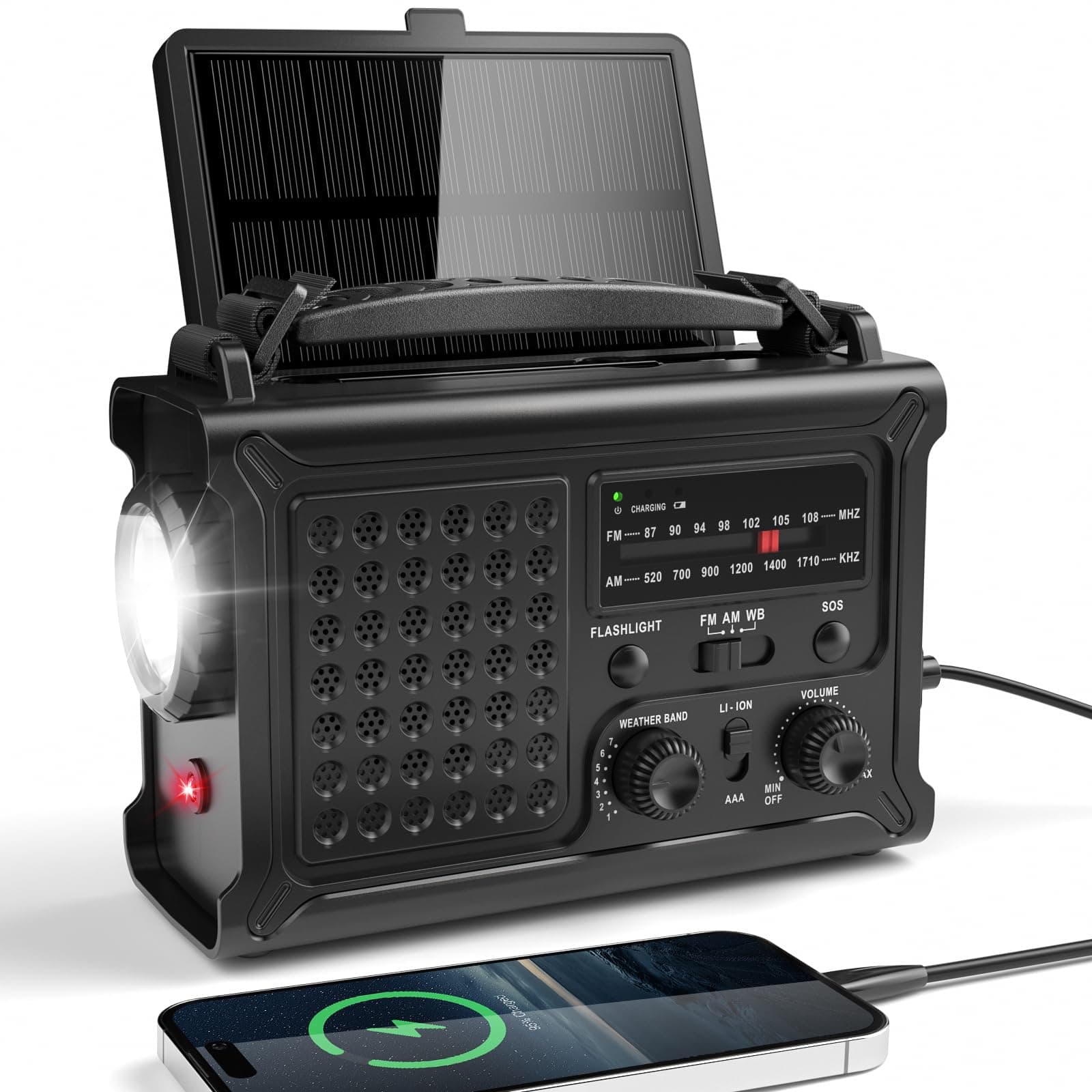 Radio de Emergencia Portátil con Manivela de 650mA y Pilas Recargable de 12000 mAh, Am/FM Radio Solar con Panel Solar Grande, Puerto USB, Linterna LED y Luz de Lectura para Acampar al Aire Libre