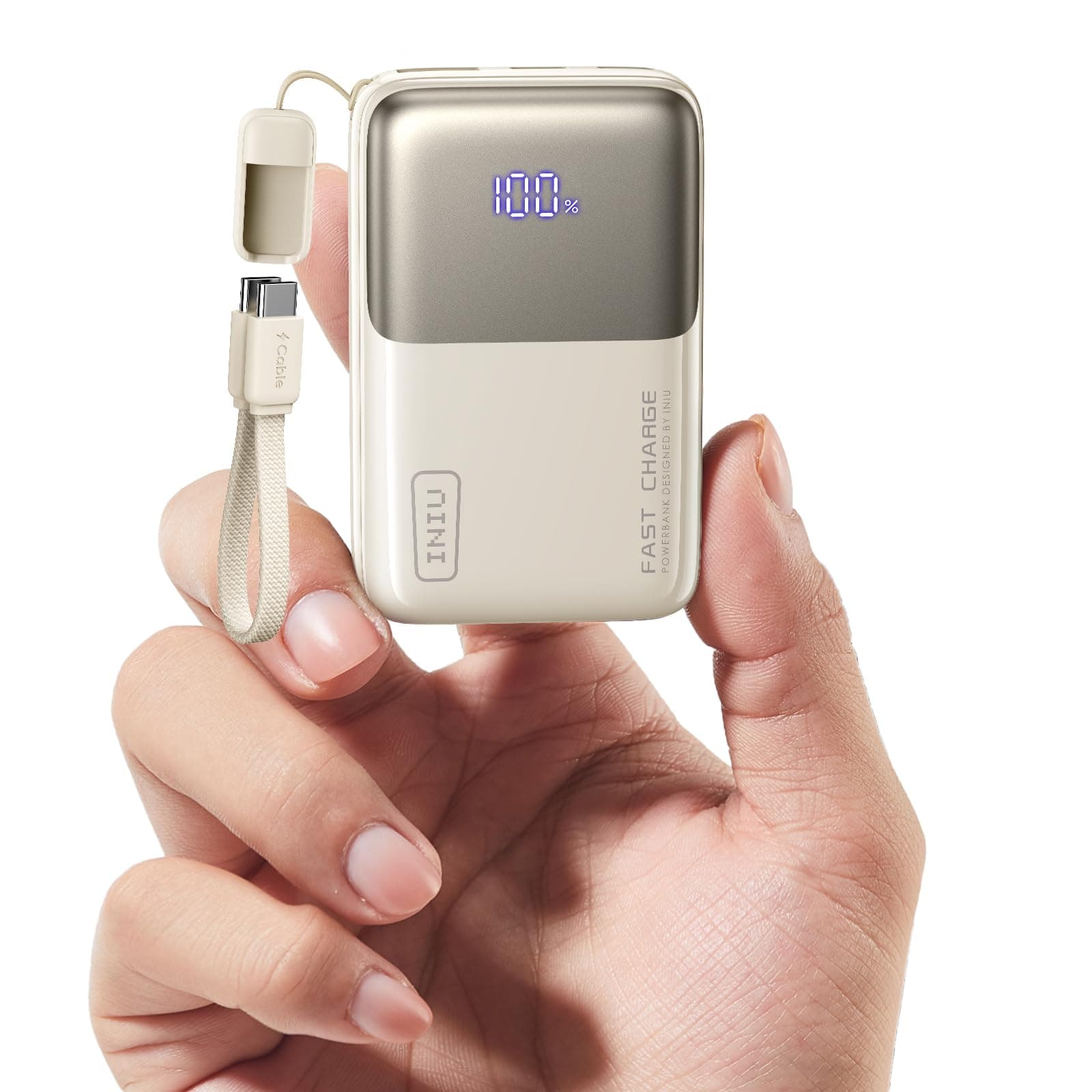INIU Ultra Mini Powerbank, 10000mAh 45W Schnellladen mit USB C Kabel | Flugtauglich, Reise-Essential, Angebrachtem USB-C Kabel, Externe Handyakkus für iPhone 18 Pro 17 16, Samsung S26, Xiaomi etc