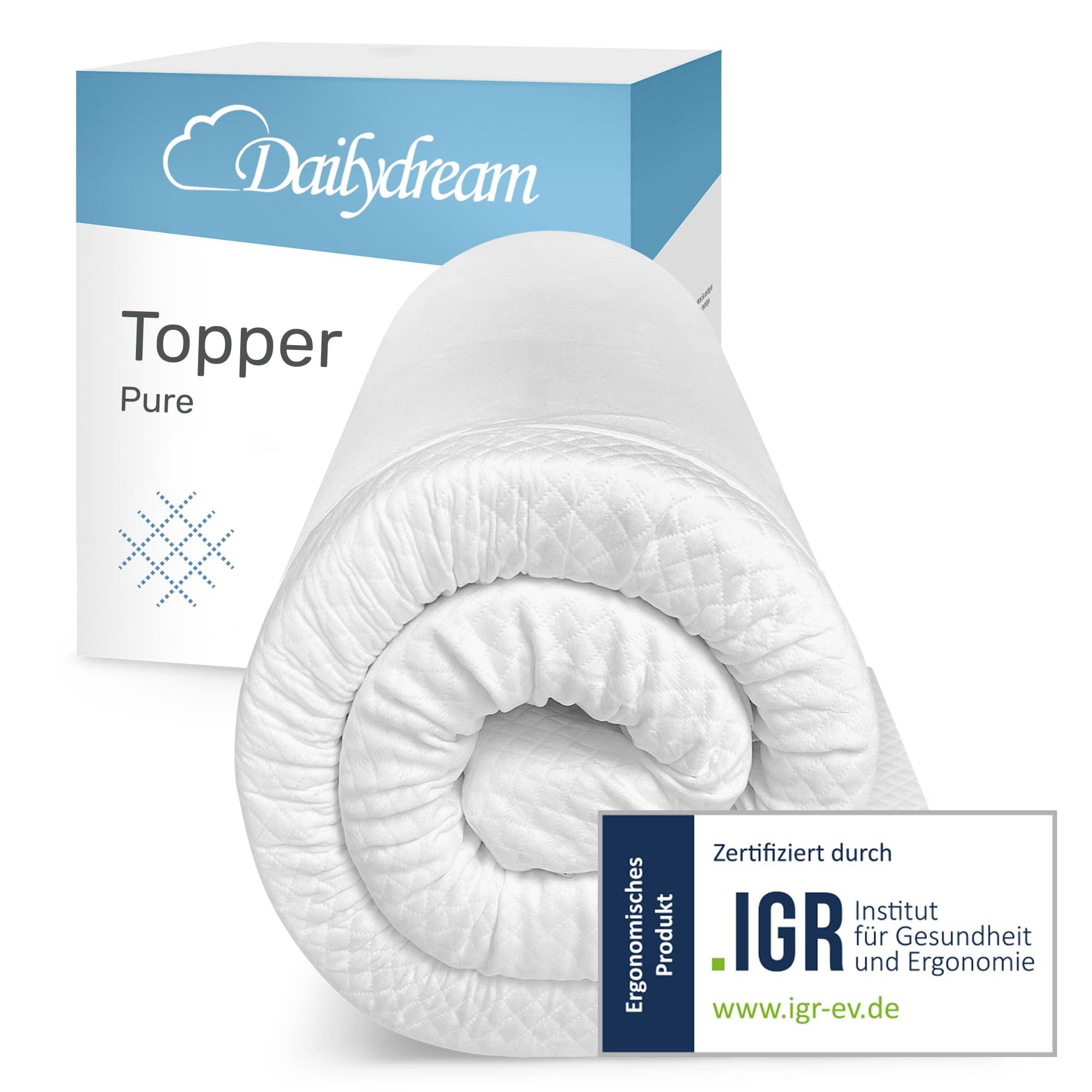 Dailydream Matratzen Topper 180x200cm | Memory Foam | 5cm hoch |H1/2 | Edition Pure, Model M | Zertifiziert & ergonomisch für unbequeme Matratze, Boxspringbett & Gästebett | rutschfest mit Noppen