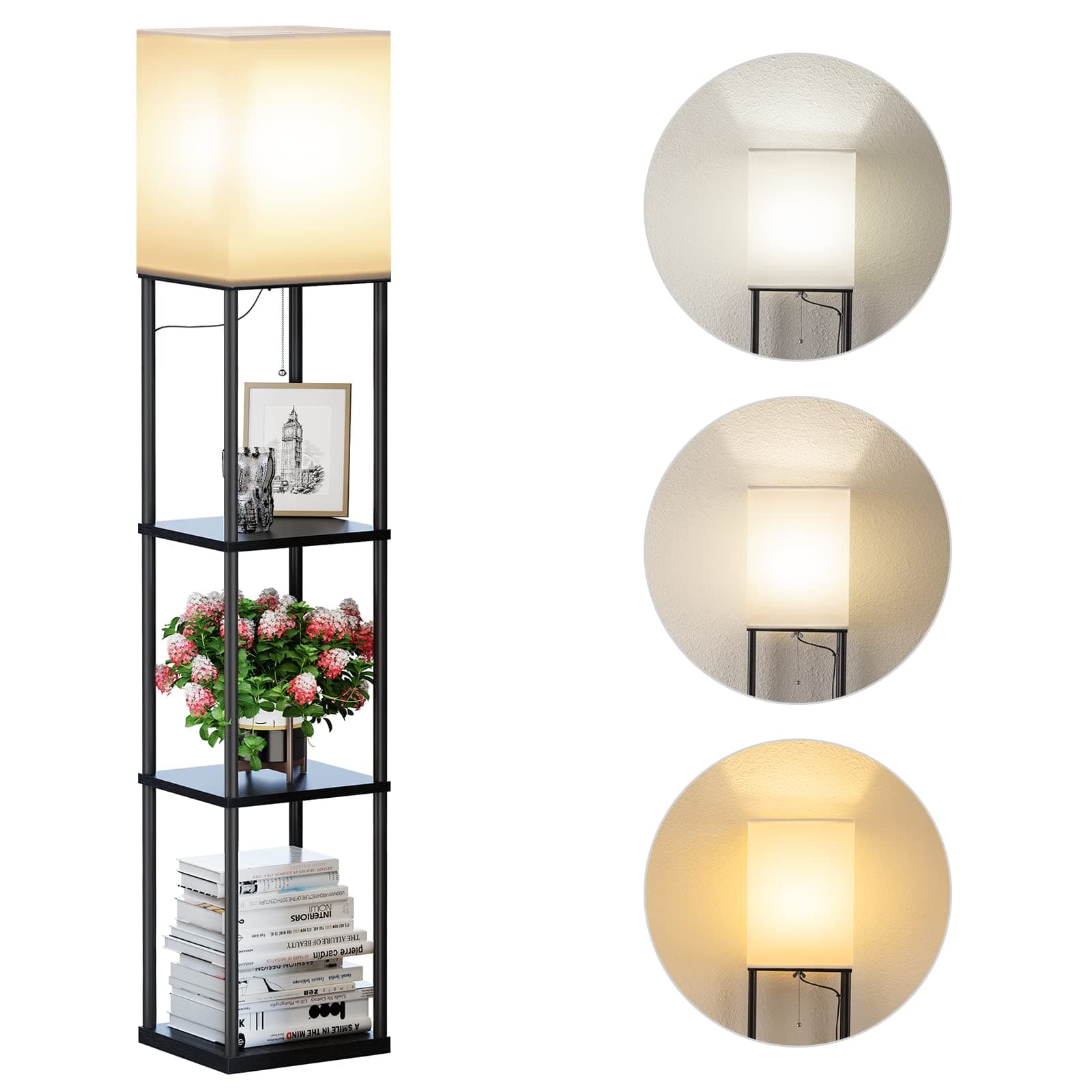 SUNMORY Lampara de Pie, Temperatura de 3 Colores, Lámpara con Estantes con Bombilla LED, Lampara Salon, Dormitorio, Estudio y Oficina, Negro,Decoracion Hogar Vintage