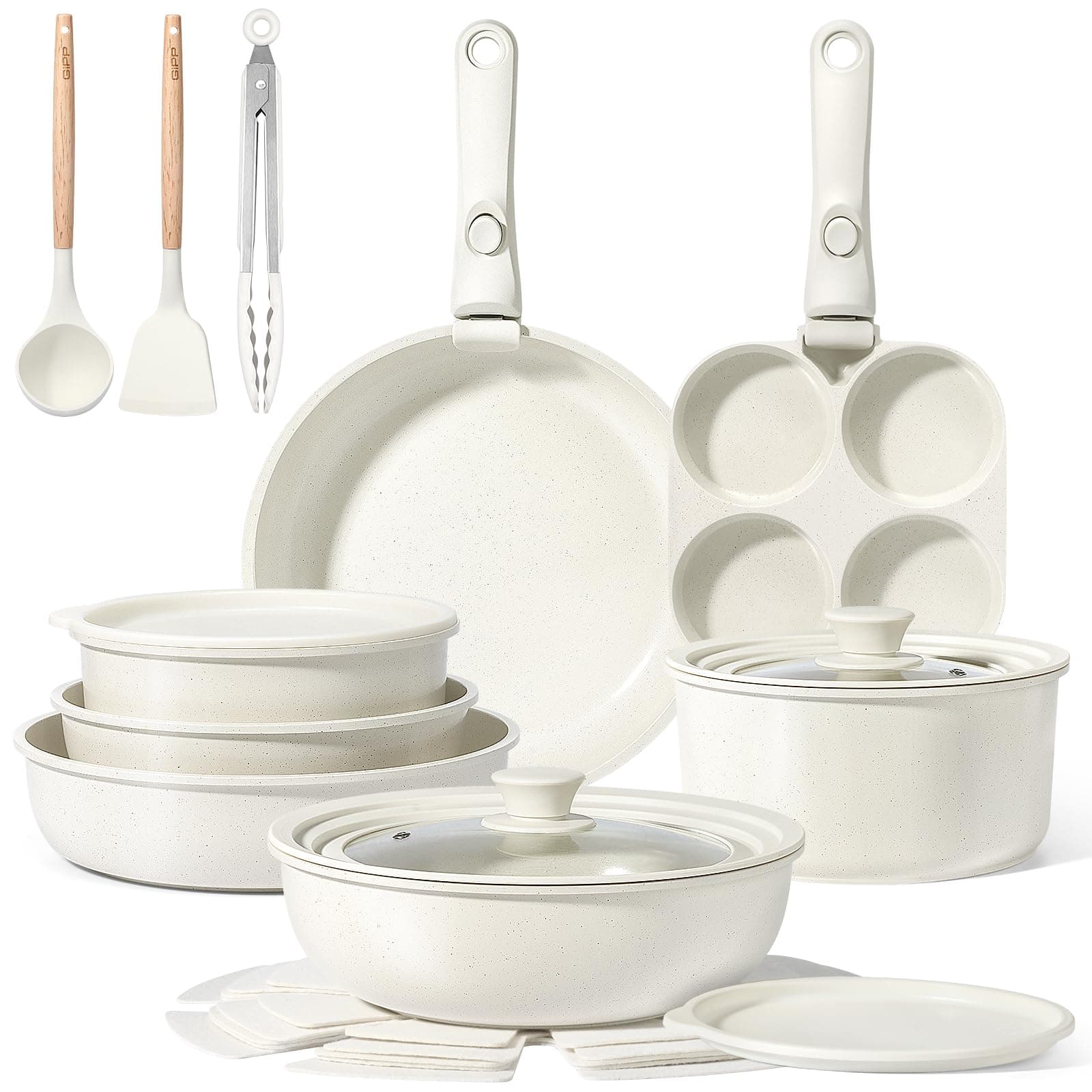 GiPP Batteries de Cuisine avec Poignée Amovible 21PCS, Sets de Poêles et Casseroles avec Revêtement Antiadhésif en Granit, Adapté au Camping, Résistantes au Four, Compatible Tous Feux(Blanc,21PCS)