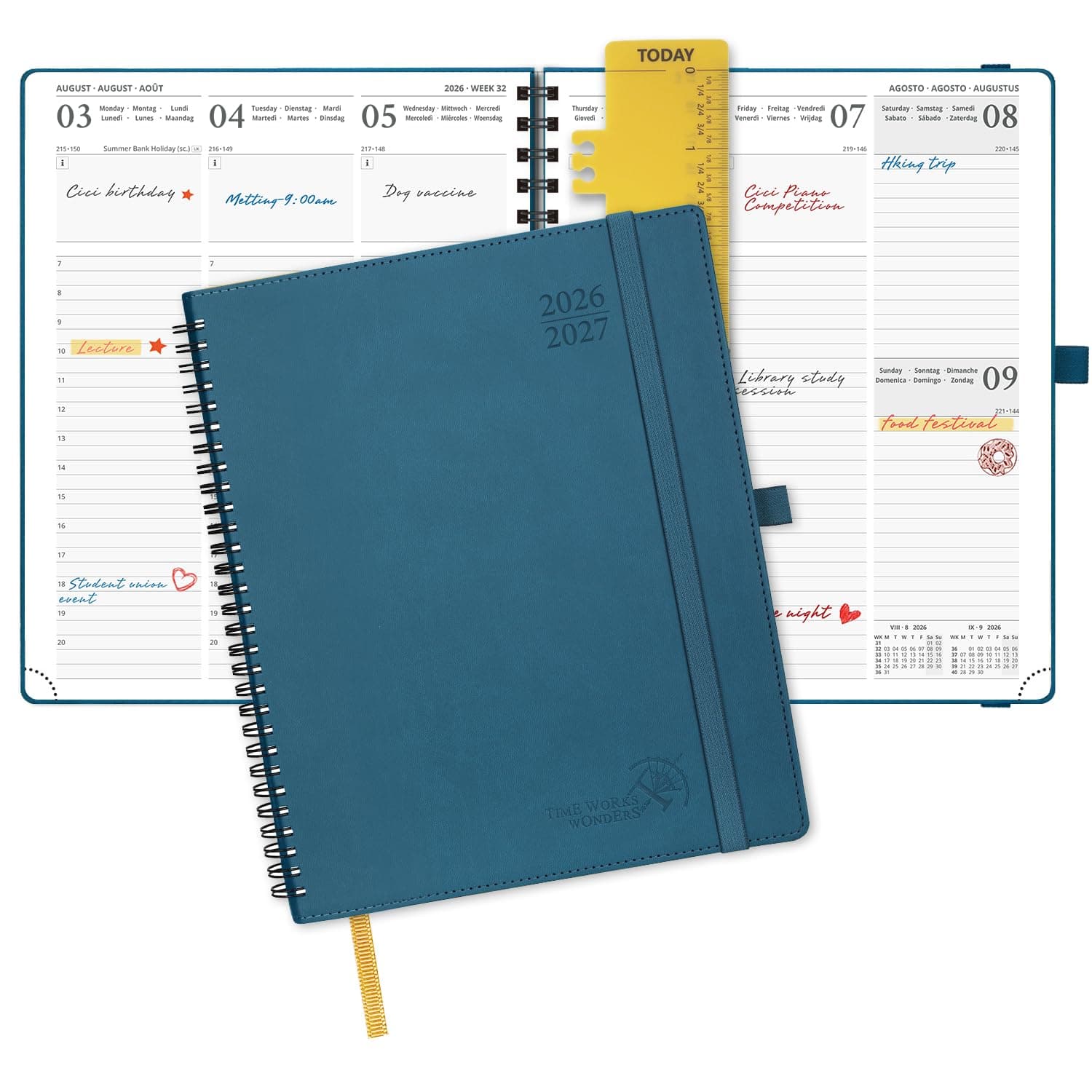 POPRUN Agenda 2026 2027 Semainier 26,5 x 21,5 cm D'Août 2026 à Déc 2027 | Planner Vertical Scolaire 17 Mois avec Couverture Souple Spirale,Règle-signet,Papier 80g/m²,Bleu Nuit