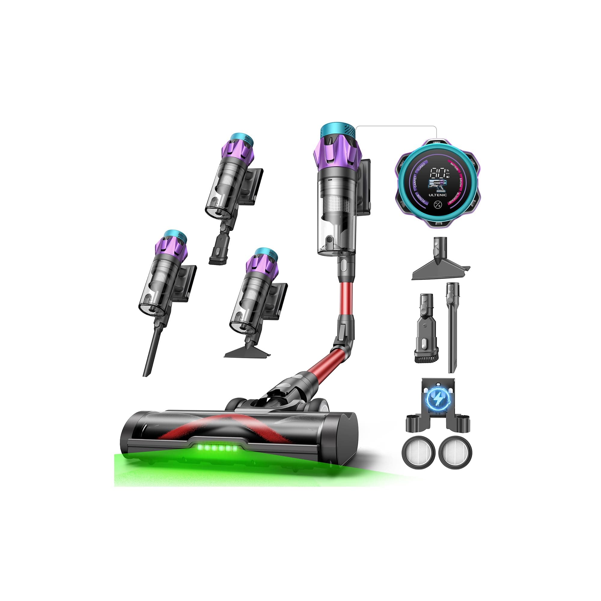 Ultenic 55Kpa/80Min Aspirapolvere Senza Fili, Scopa Elettrica Senza Fili Potente con Tubo Pieghevole, Filtrazione Multi-Cono,Display Intelligente, Anti-Groviglio per Peli Animali/Pavimenti/Tappeti