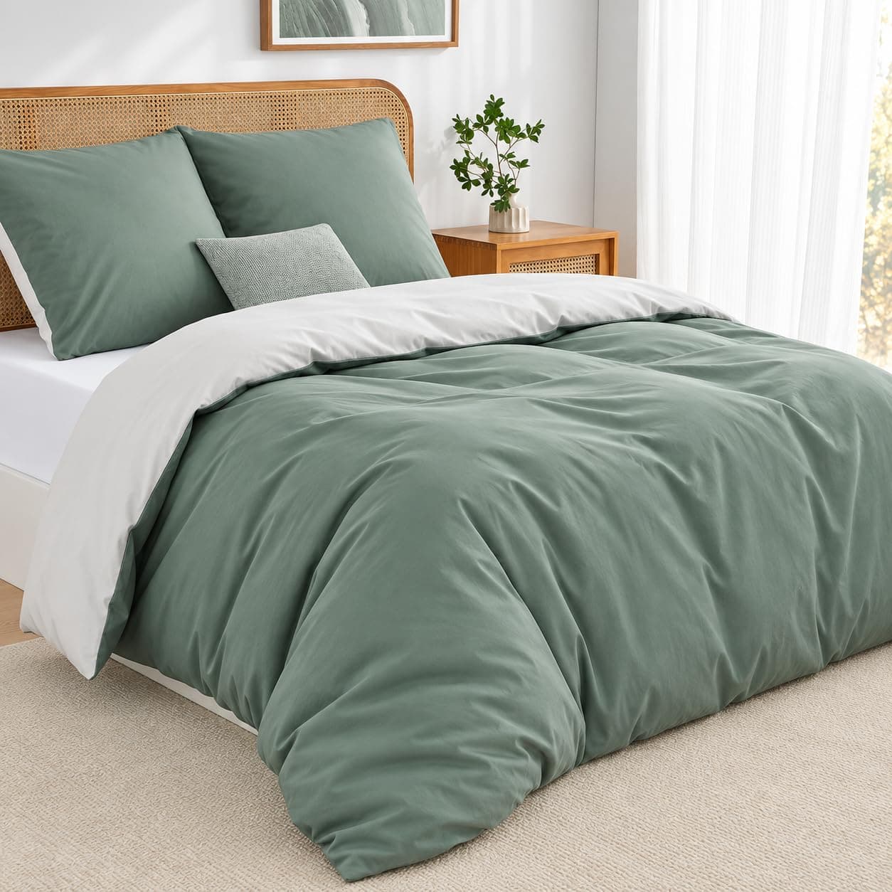 Duvetnova Funda Nórdica Cama 180 Verde Salvia/Blanco,Súper Suave Diseño Doble Cara A/B con Cremallera, Certificación Oeko-Tex 1 Funda de Edredón 240x220 + 2 Fundas de Almohada 80x80 cm