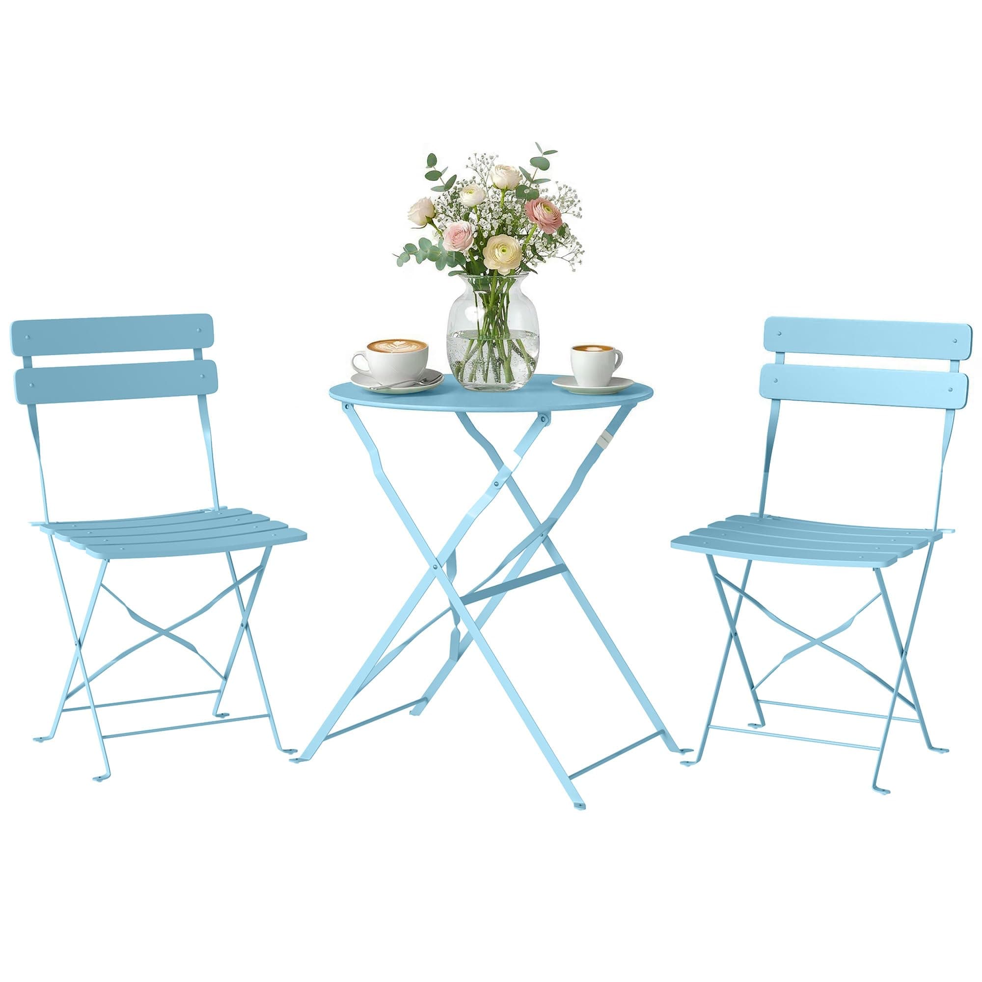 Outsunny Ensemble Bistrot de Jardin 3 Pièces san Montage - Table et 2 Chaises Pliantes à Lattes en Métal avec Double Protection Antirouille - Mobilier de Balcon et Terrasse Chic, Bleu Clair