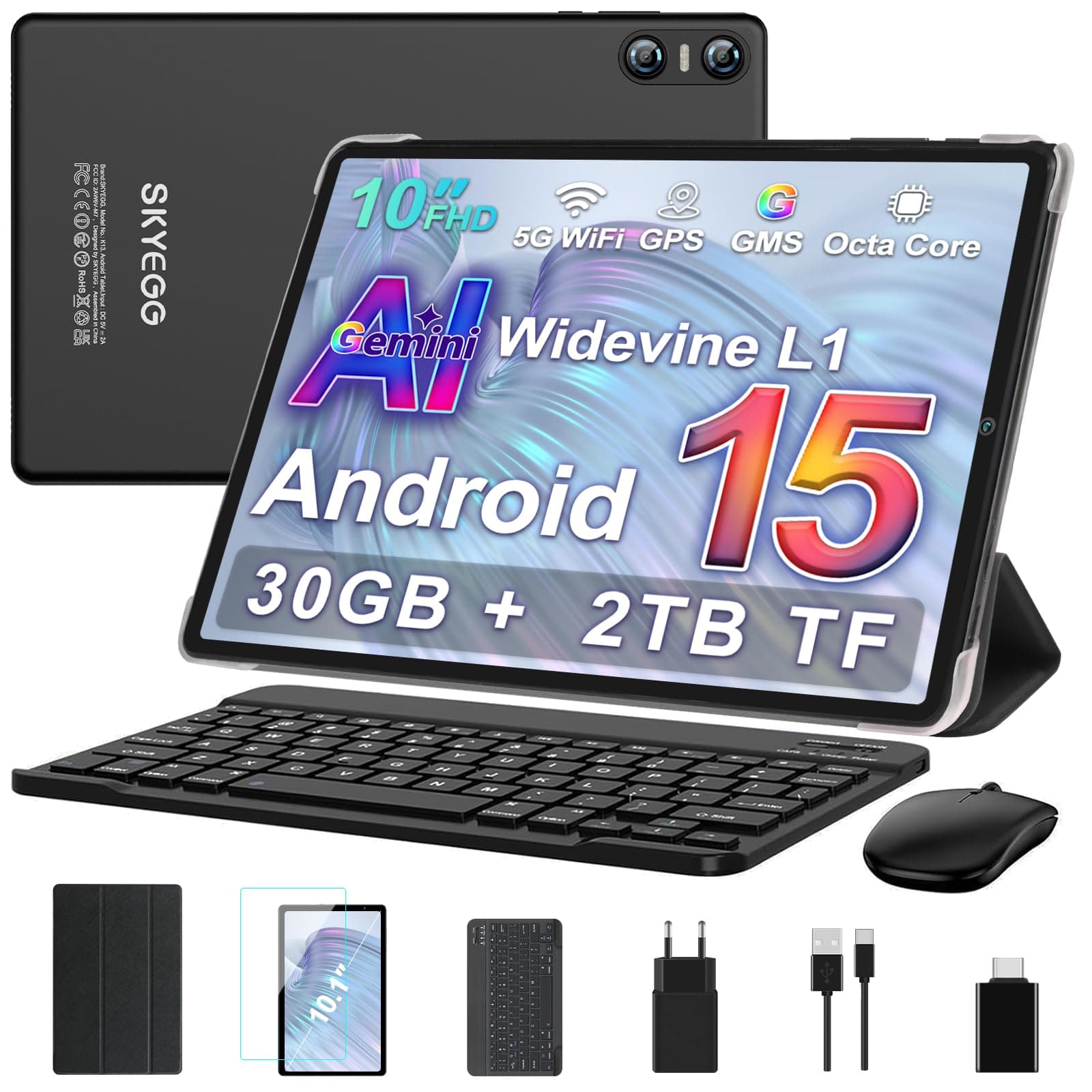 Tablet 10 Pulgadas Android 15 con Gemini AI, 30 GB RAM + Ampliable 2 TB ROM, Octa-Core, Widevine L1, 1280x800 HD, WiFi 5GHz, BT 5.0, Cámara 8 MP + 5 MP, 6000 mAh, con Teclado, Ratón y Funda – Negro