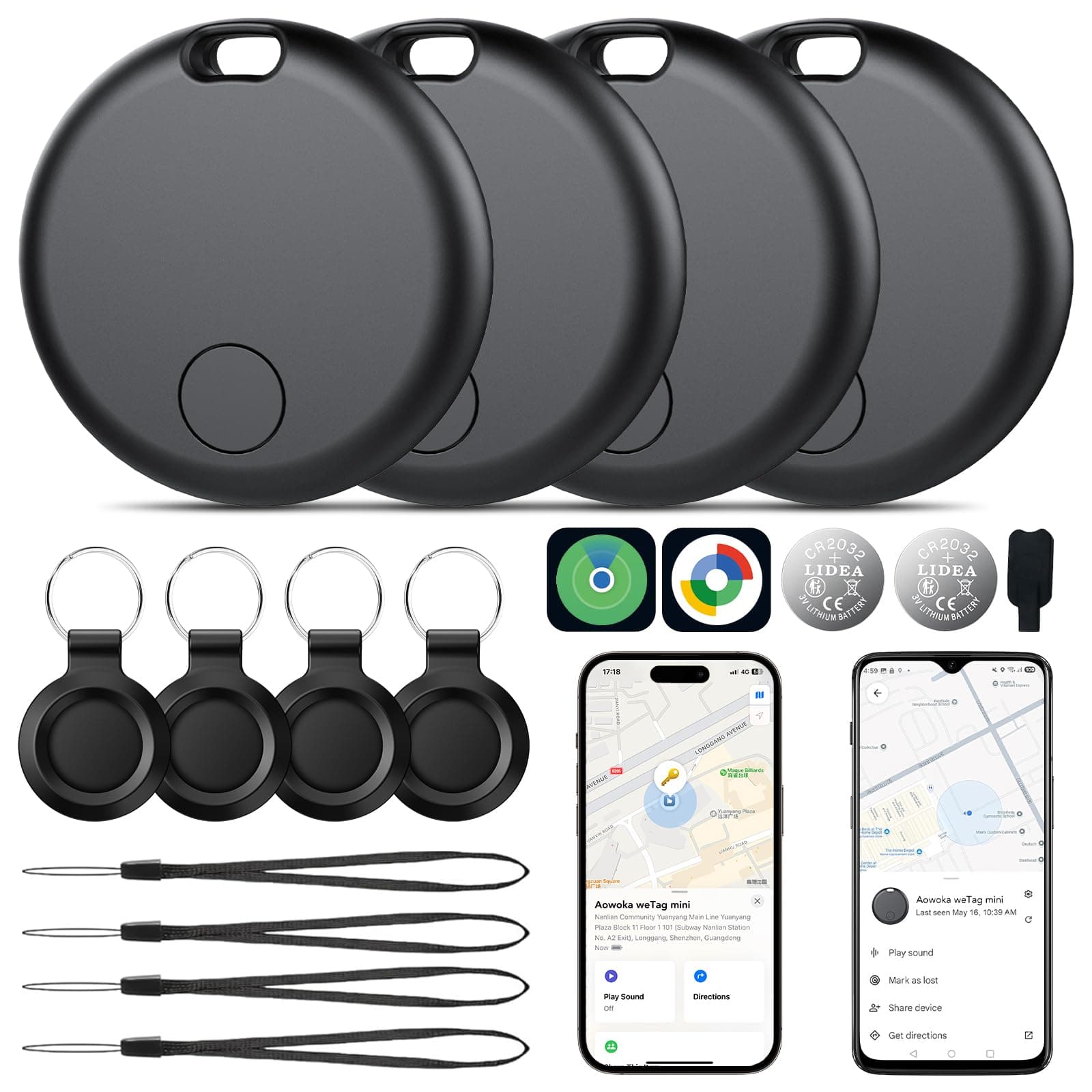 Smart Traceur Tag Lot de 4, Compatible avec Apple Find My et Google Find Hub, Localisateur Bluetooth Android & iOS, Batterie Remplaçable, Étanche IP68, pour Clés, Portefeuilles, Valises et Sacs