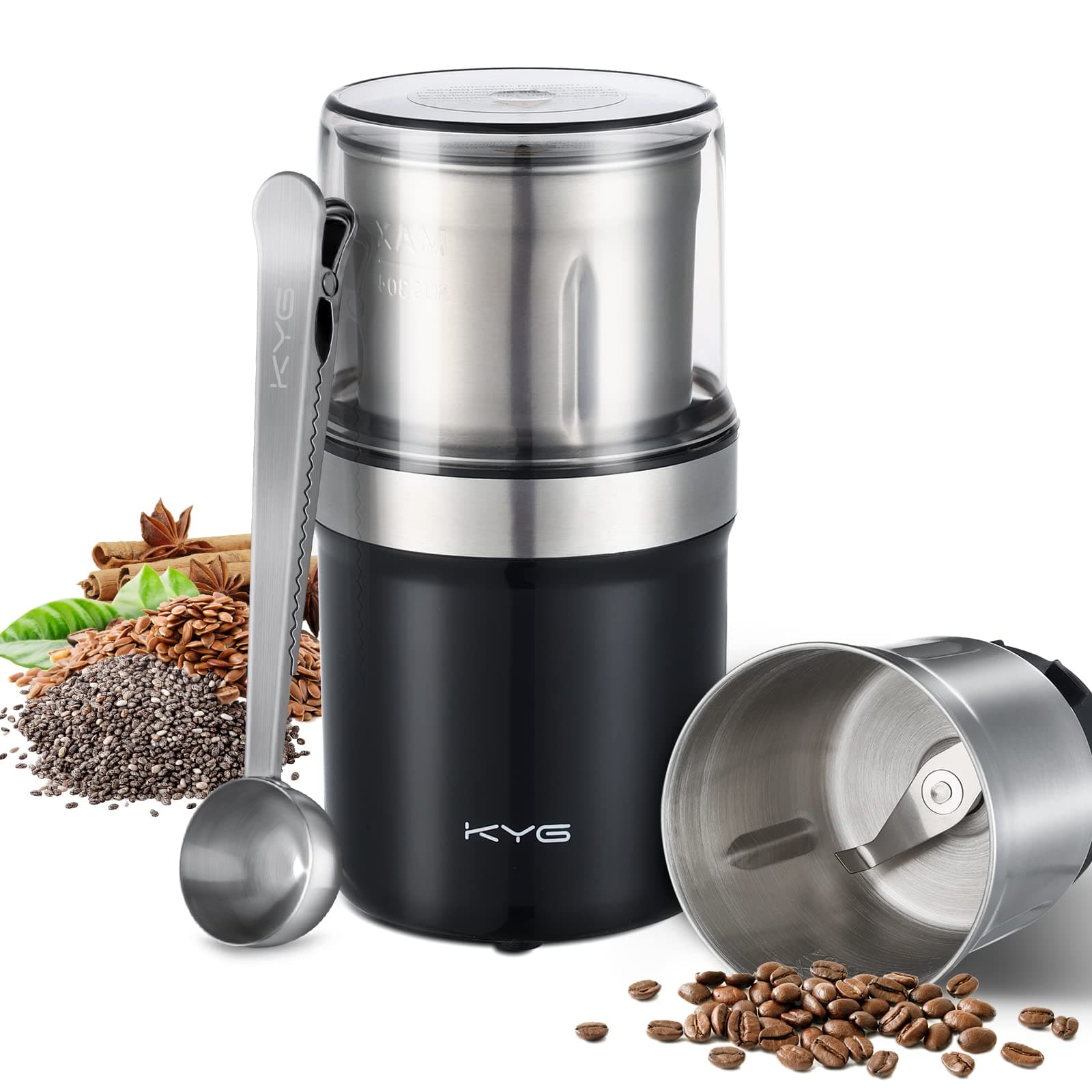 KYG Molinillo de café Molinillo eléctrico para Semillas, Pimienta, Semillas de Lino con tazón extraíble Molinillo de Especias Taza de Acero Inoxidable Lavable de 300W