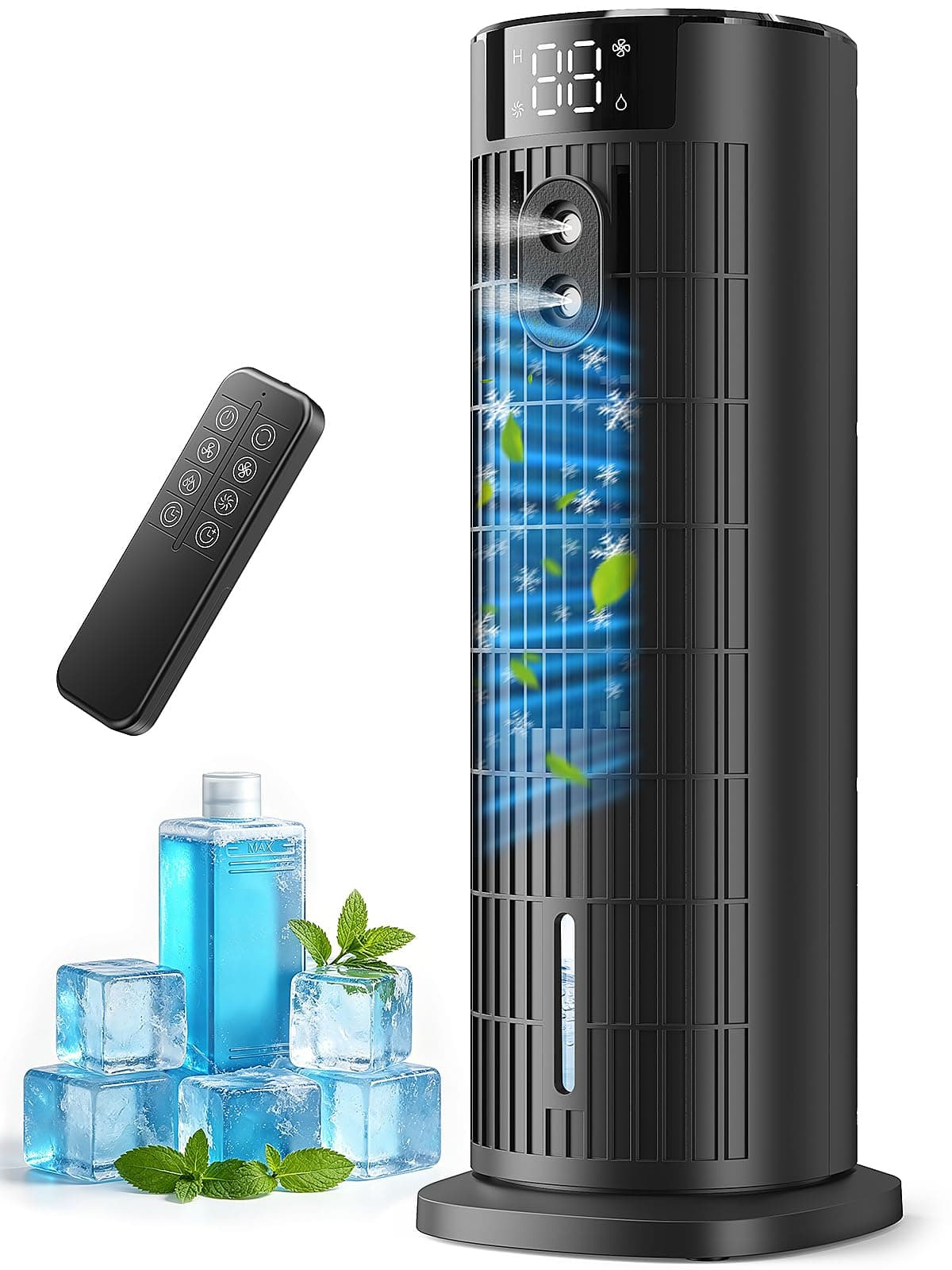 Climatiseur Mobile Portable Sans Lames 2026, Ventilateur Puissante 7.5 m/s, Nouveau Moteur CC (<35 dB), Refroidisseur d'Air Portable avec Oscillation 90°, Minuteur 10H, 4 Vitesses, Télécommande, Noir