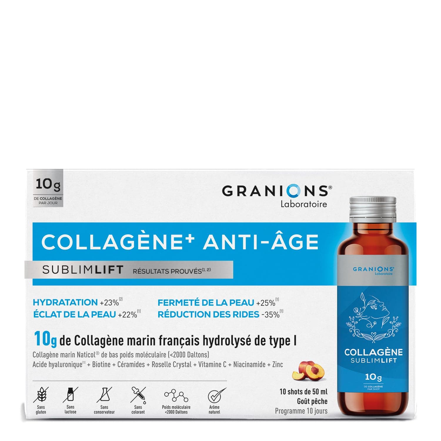 GRANIONS COLLAGENE SUBLIMLIFT SHOTS -10g de Collagene marin Hydrolysé de type I - Collagene et Acide Hyaluronique - Anti ride - Biotine Cheveux - Chute de Cheveux Femme | 10 shots de 50mL Goût Pêche