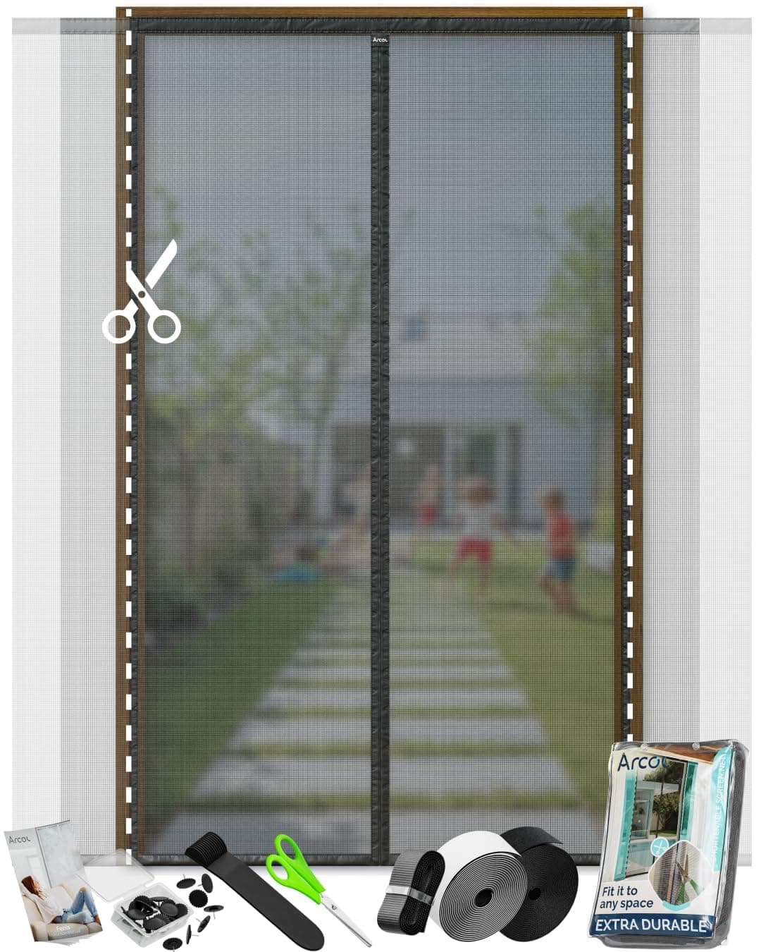 ARCOL Zanzariera Magnetica per Porta - Zanzariera Porta Finestra Larghezza Regolabile con Fettucce a Strappo - Tenda Zanzariera Porta Super Resistente - Tenda Zanzariera Magnetica (155x250 cm, Nero)