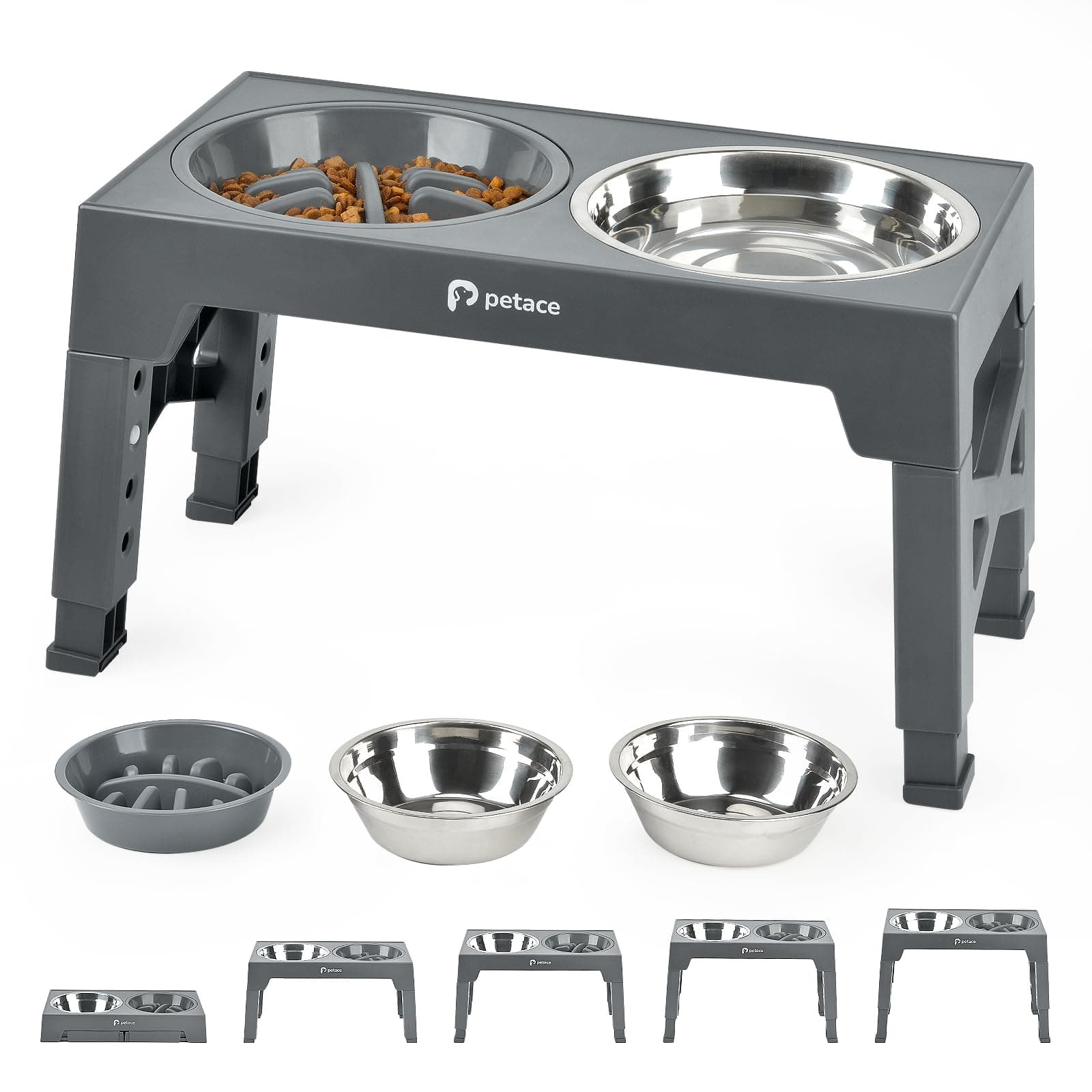 Petace Comedero Perro Elevado de 5 Alturas Ajustables, 2 X 1200ml. Bebedero de Acero y 1 x 800ml Comedero Perro Antivoracidad, Cuencos Elevados para Perros Pequeños, Medianos y Grandes, Gris