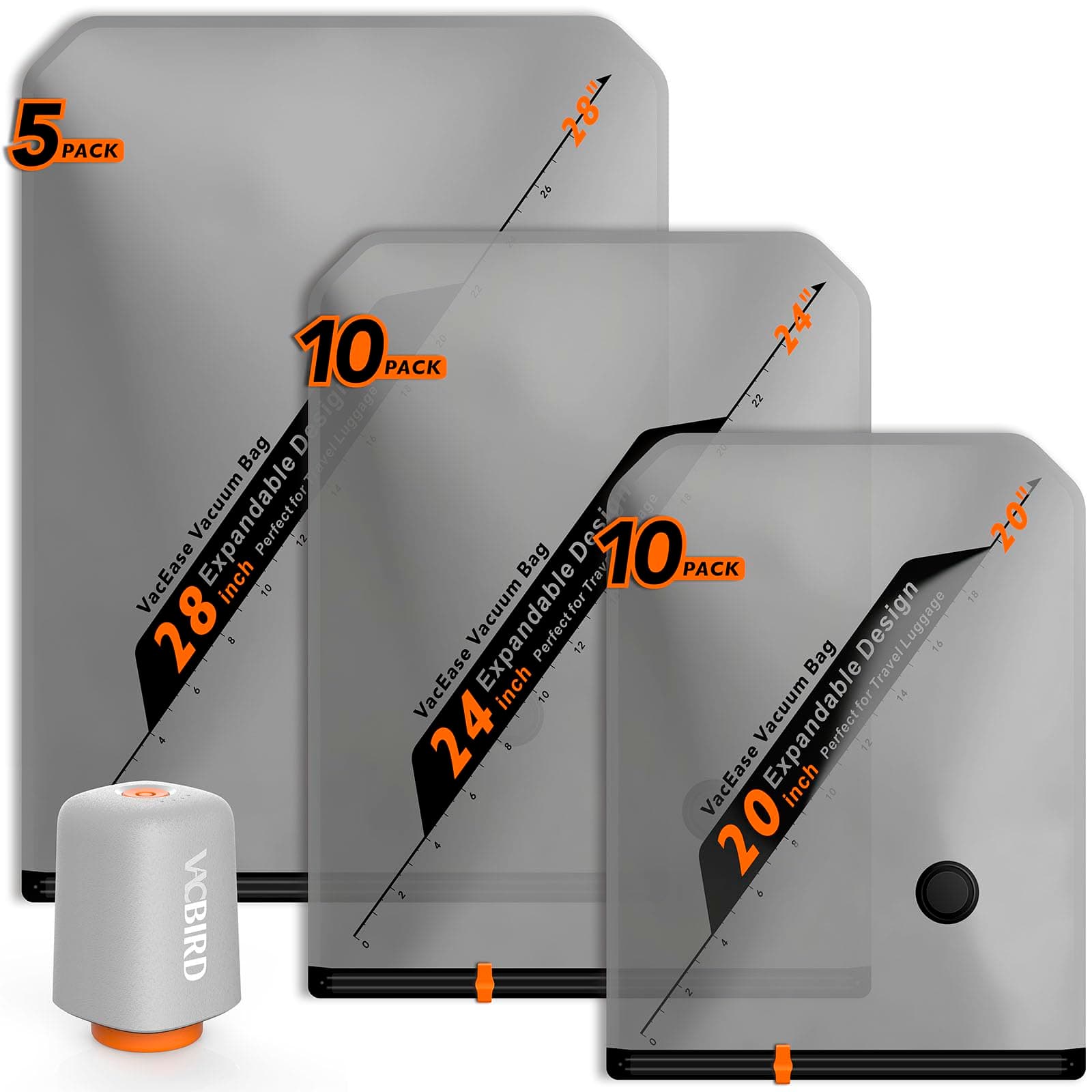 Vacbird Sac de Rangement Sous Vide avec Pompe à Vide Sans Fil, 25 Pièces (10 * 40x54cm, 10 * 47x64cm, 5 * 54x74cm), Sac Sous Vide Vetement Peu Encombrant – Idéaux pour Voyager et Organiser Vos Bagage